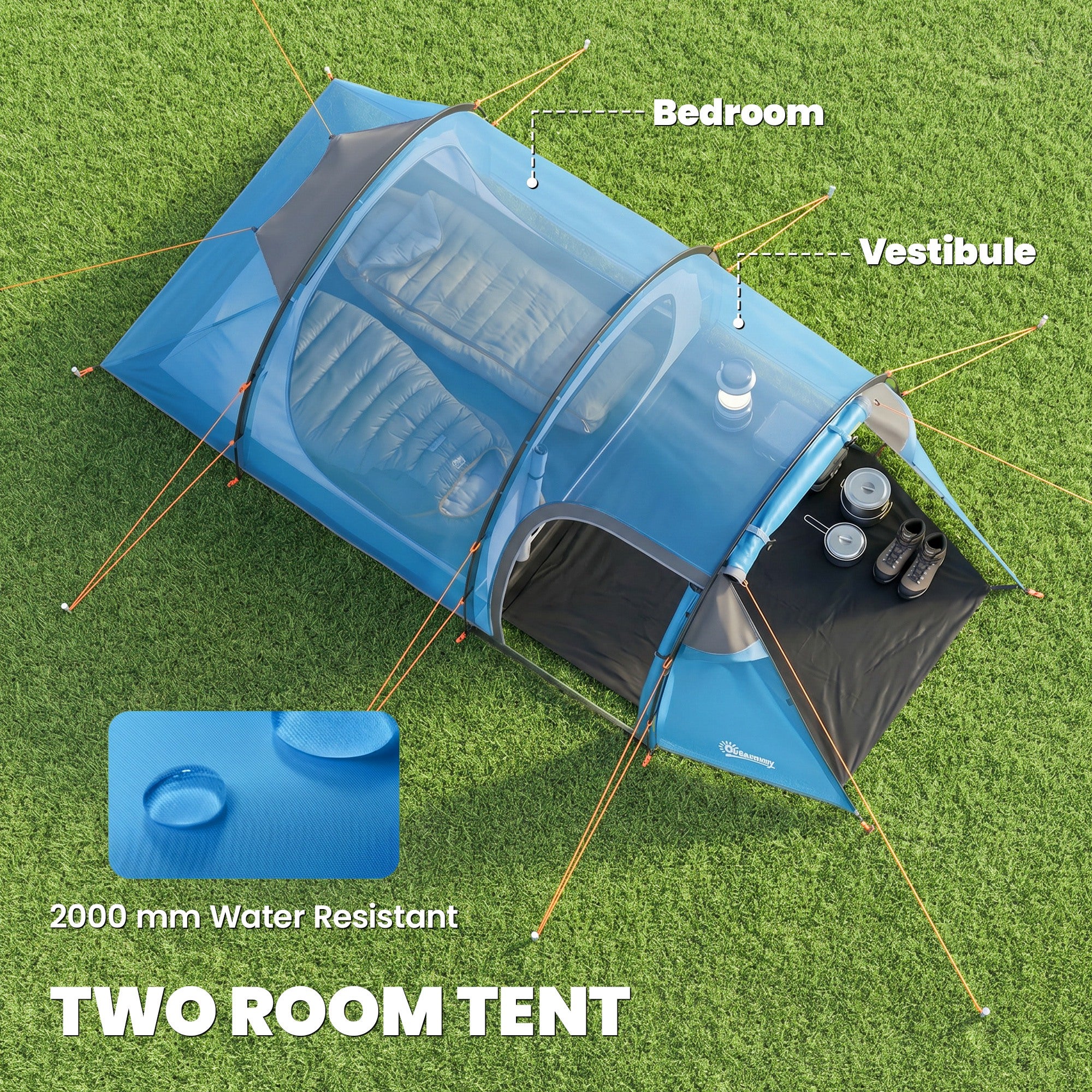 Outsunny 2-3 Man Tunnel Tents w/ Vestibule Camping Tent Porch Air Vents Rainfly Weather-Resistant Shelter Fishing Hiking Festival Shelter Home