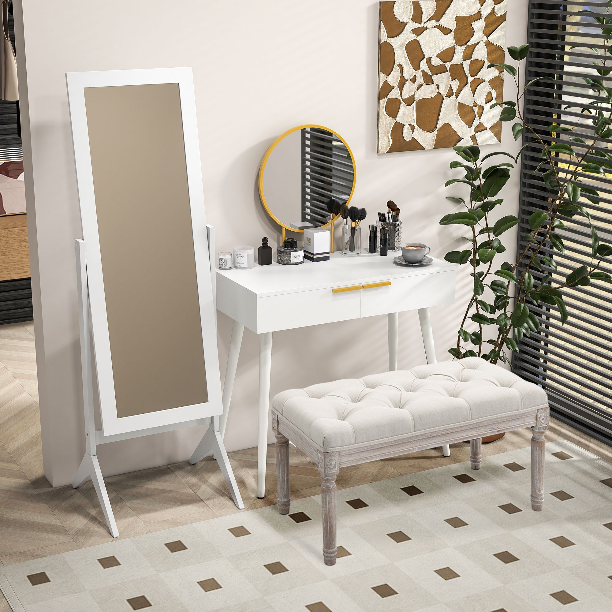 HOMCOM Modern Dressing Table with Round Mirror, Makeup Vanity Table with 2 Drawers for Bedroom, Living Room, White