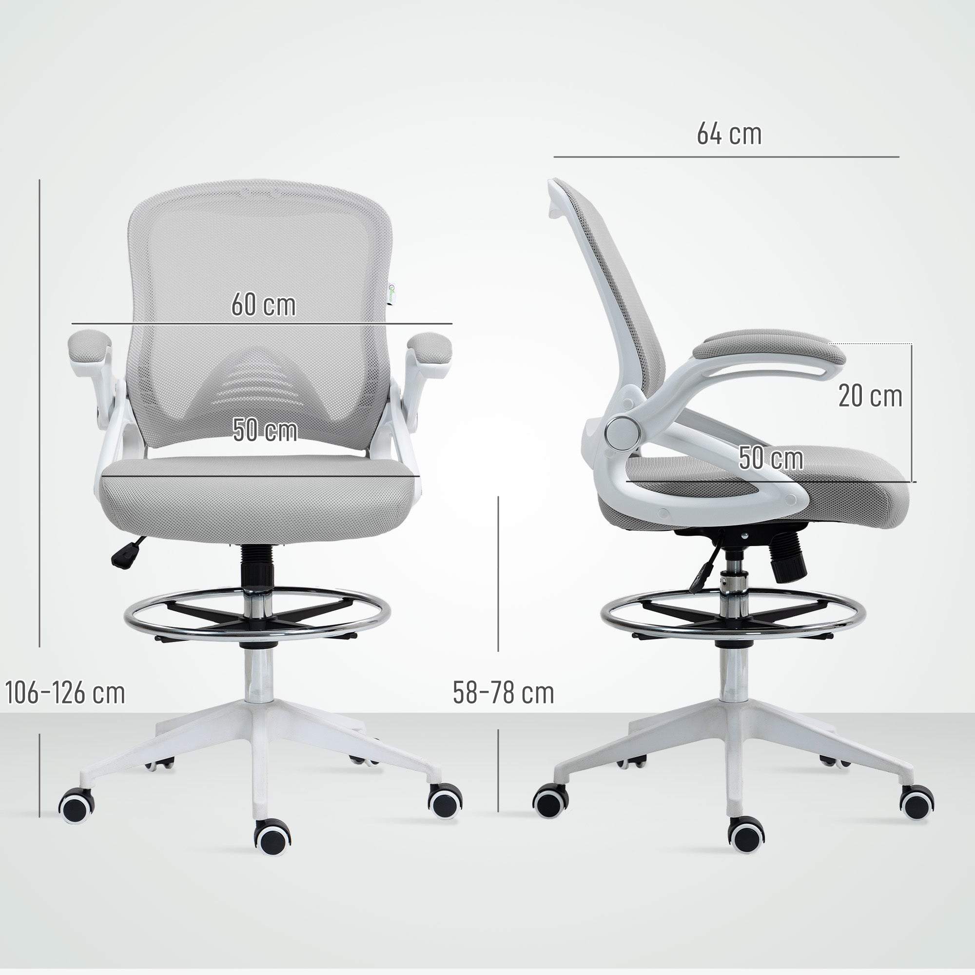 Vinsetto Drafting Chair with Flip-up Armrest, Mesh Office Stool with Foot Ring, 360° Swivel Height Adjustable Chair for Standing Desk, Light Grey - North Peak Garden Furniture