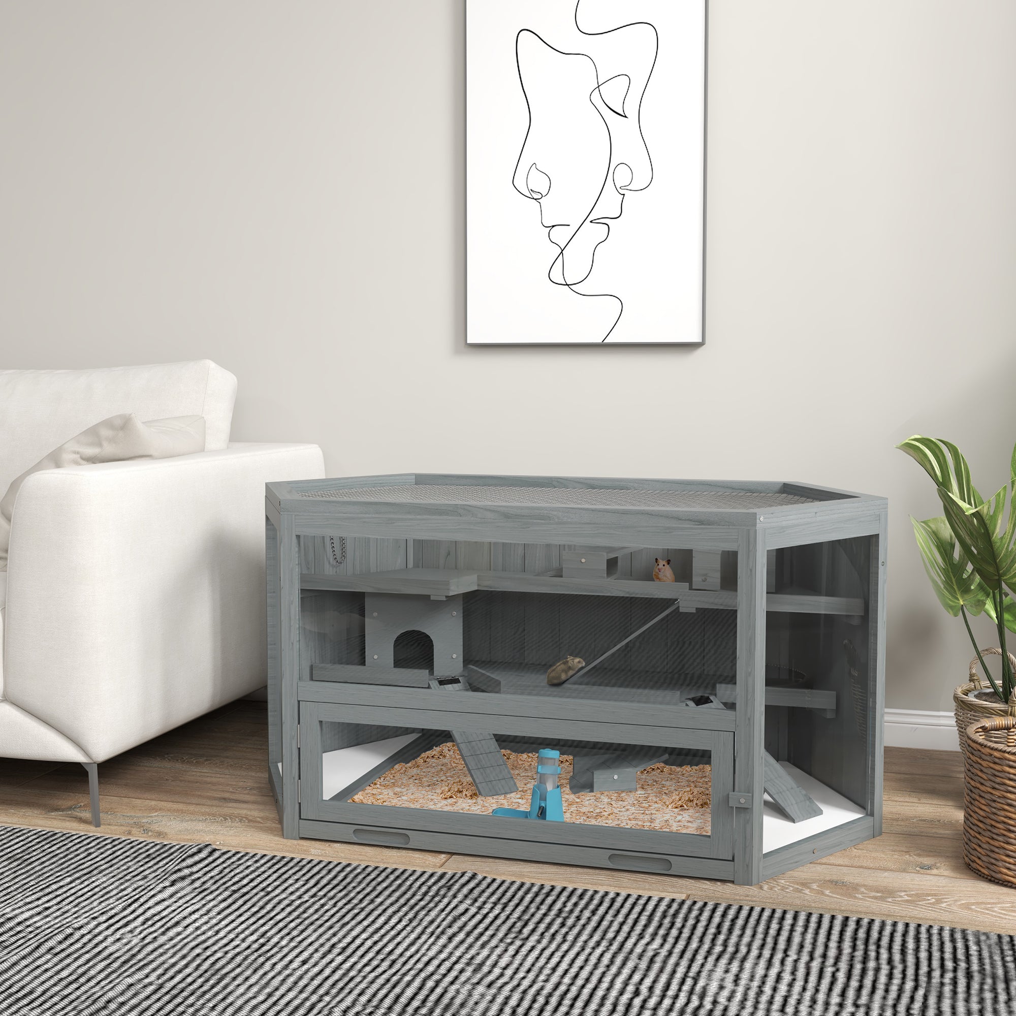 PawHut 3 Tier Wooden Large Hamster Cage with Sliding Tray, Seesaws, Water Bottle, Grey - North Peak Garden Furniture