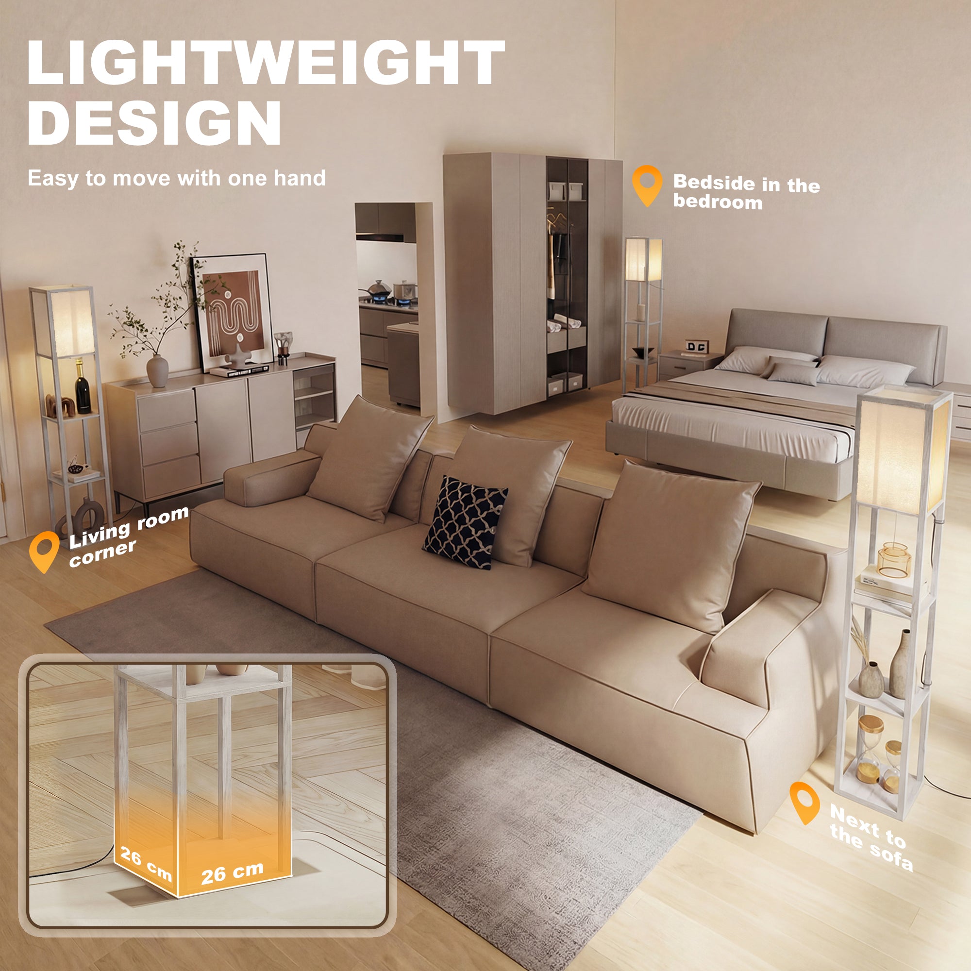 HOMCOM 3-Tier Floor Lamp, Floor Light with Storage Shelf, Reading Standing Lamp for Living Room, Bedroom, Kitchen, Dining Room, Office, Dorm, 160cm, Oak