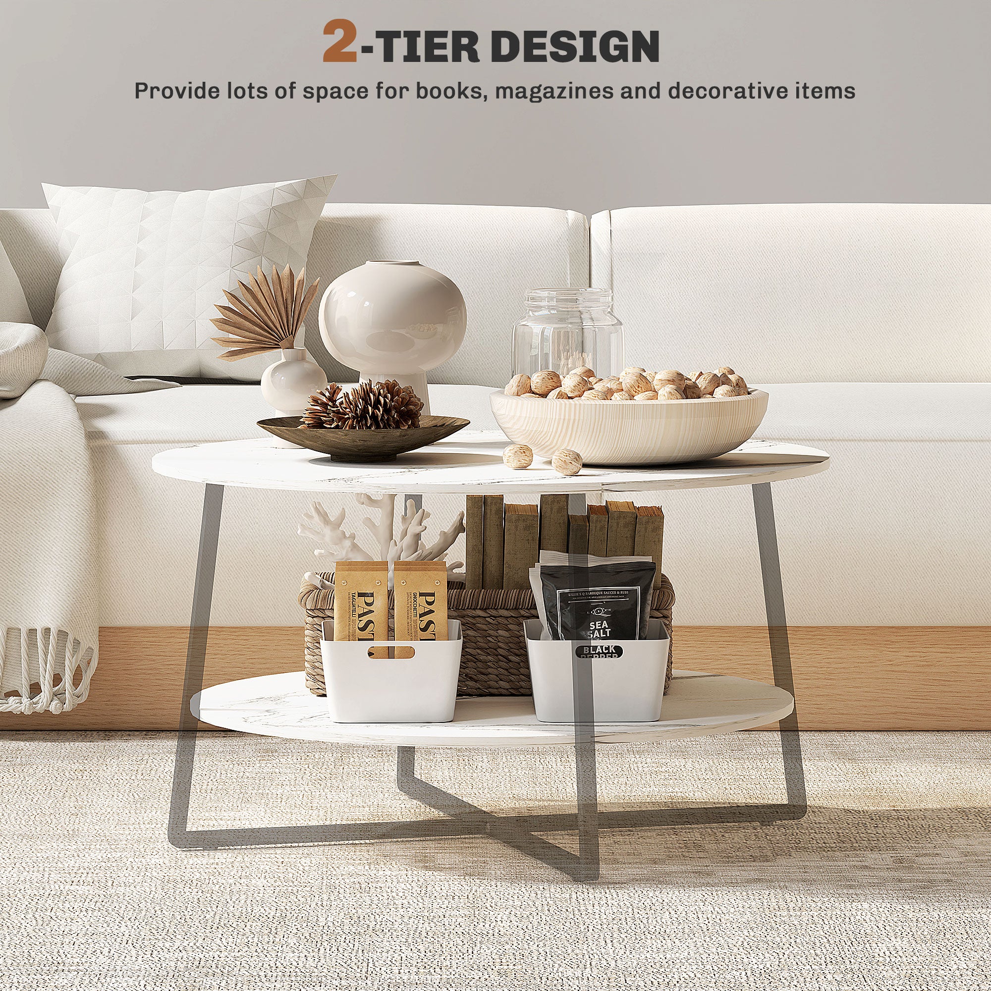 HOMCOM 2-Tier Round Coffee Table with Storage Shelf, Living Room Table with Marble Effect Top and Steel Frame, White - North Peak Garden Furniture