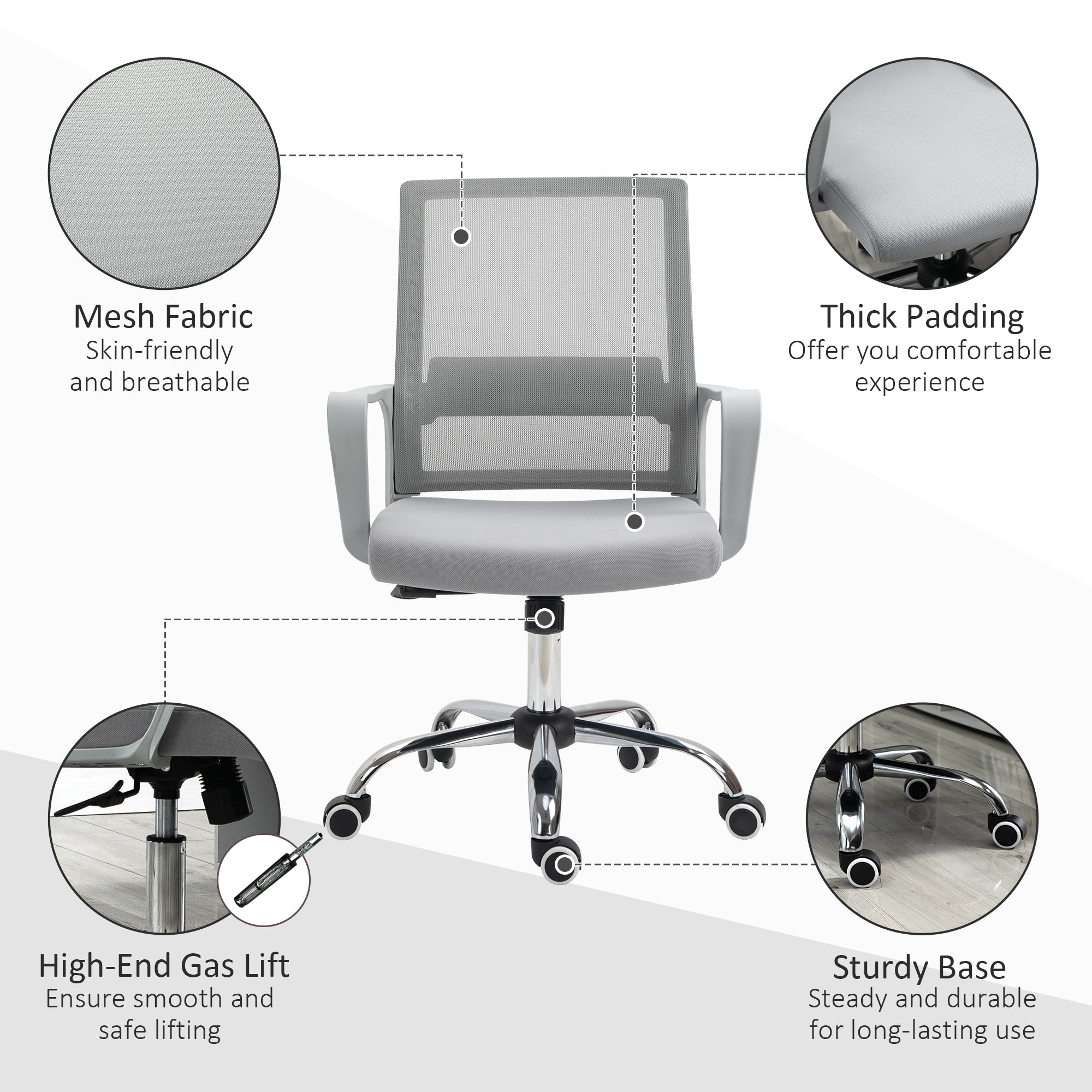 Vinsetto Ergonomic Desk Chair Mesh Office Chair with Adjustable Height Armrest and 360° Swivel Castor Wheels Grey - North Peak Garden Furniture