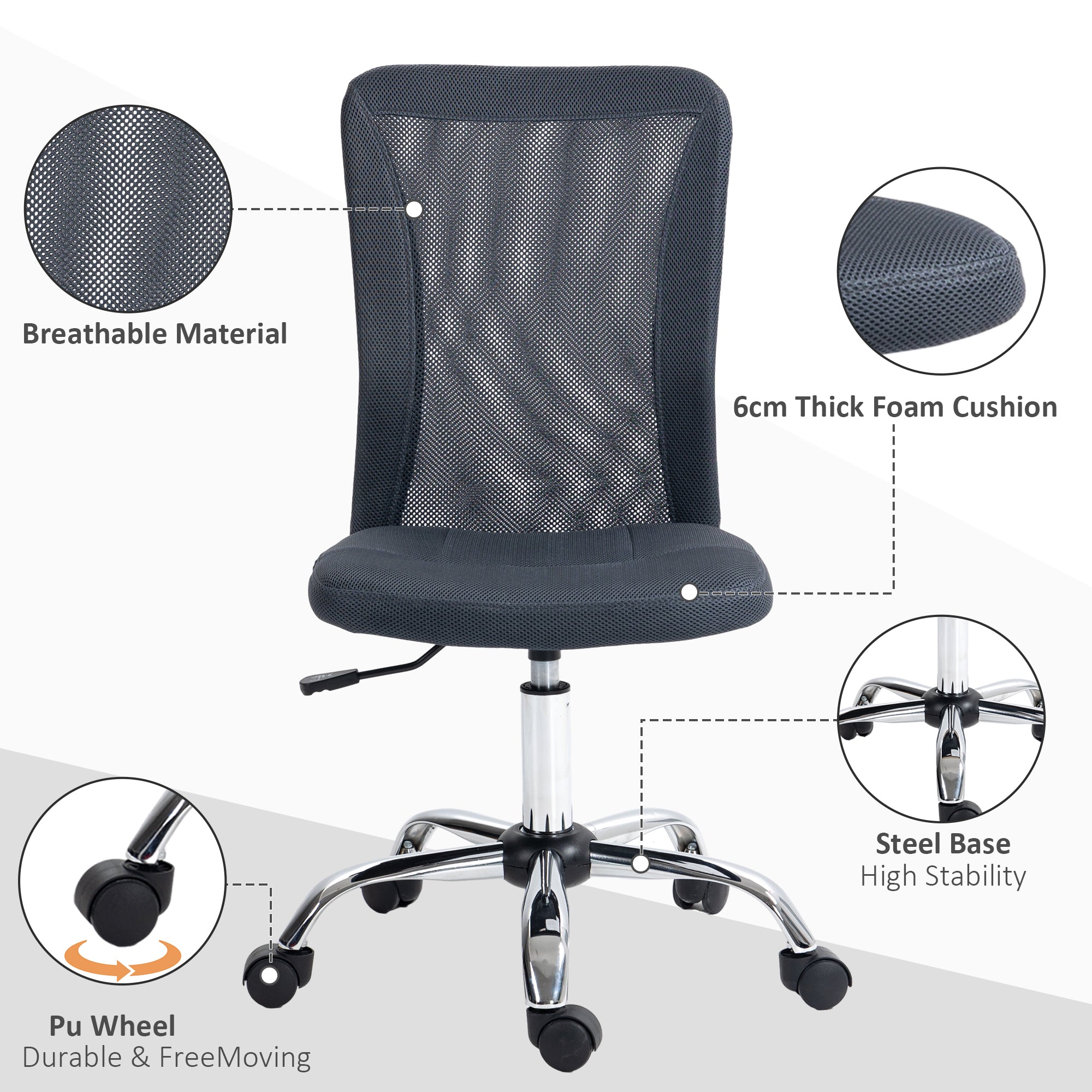 Vinsetto Computer Desk Chair, Mesh Office Chair with Adjustable Height and Swivel Wheels, Armless Study Chair, Dark Grey - North Peak Garden Furniture