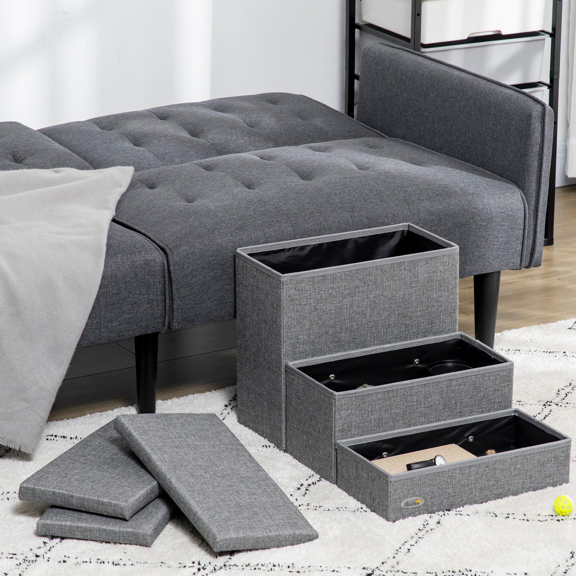 PawHut 3 Steps Pet Stairs, with Storage Boxes, for Bed, Couches - Grey - North Peak Garden Furniture
