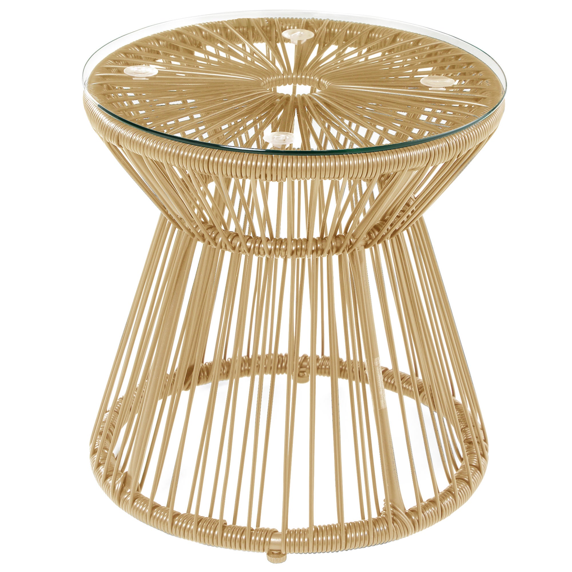 Outsunny Round End Table, Rattan Side Table, Hollow Drum Design Coffee Table w/ Glass Tabletop for Patio, Garden, Balcony Natural - North Peak Garden Furniture