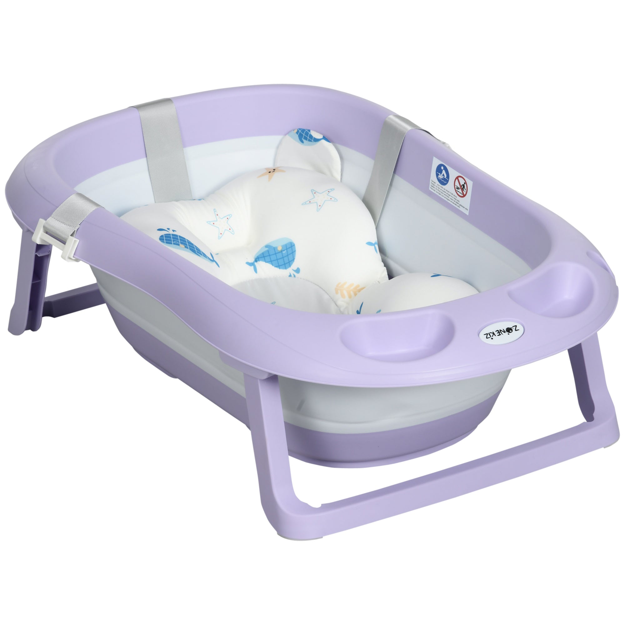 ZONEKIZ Foldable Baby Bathtub, with Non-Slip Support Legs, Cushion Pad, Shower Holder - Purple - North Peak Garden Furniture