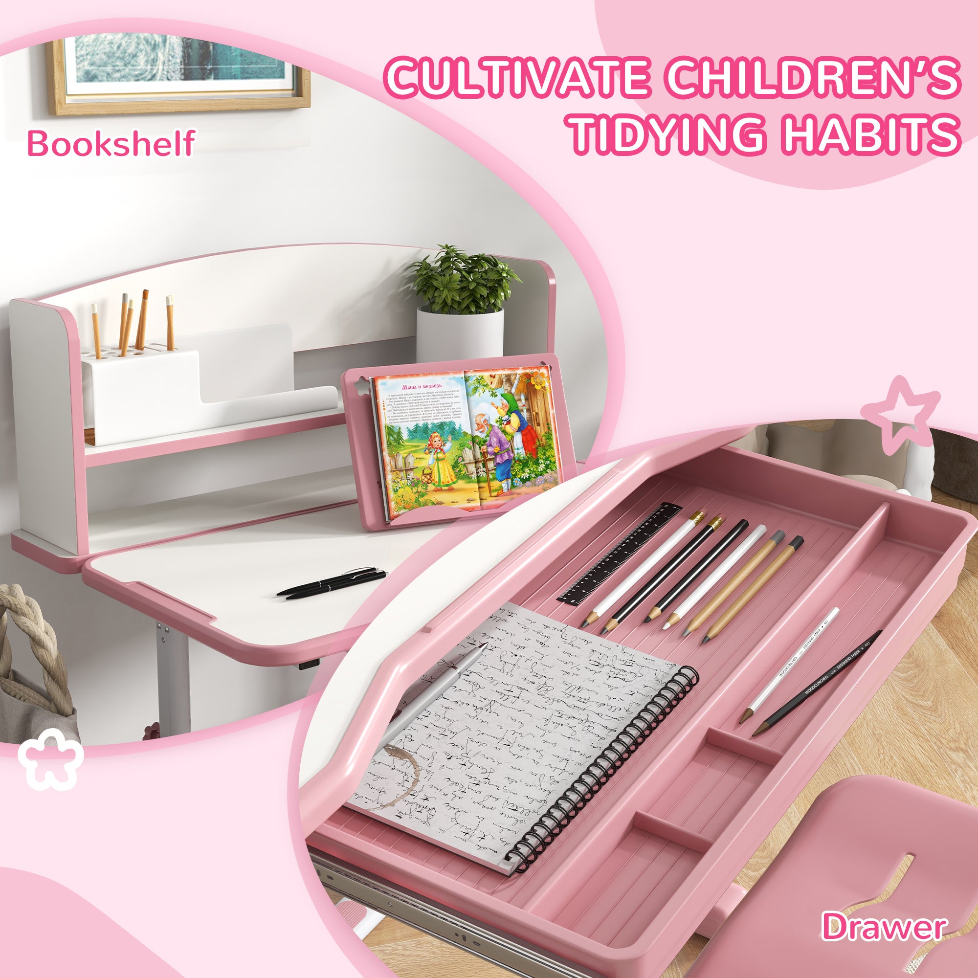 ZONEKIZ Height Adjustable Kids Study Table and Chair Set, with Drawer, Storage Shelf, 80 x 54.5 x 104 cm, Pink - North Peak Garden Furniture