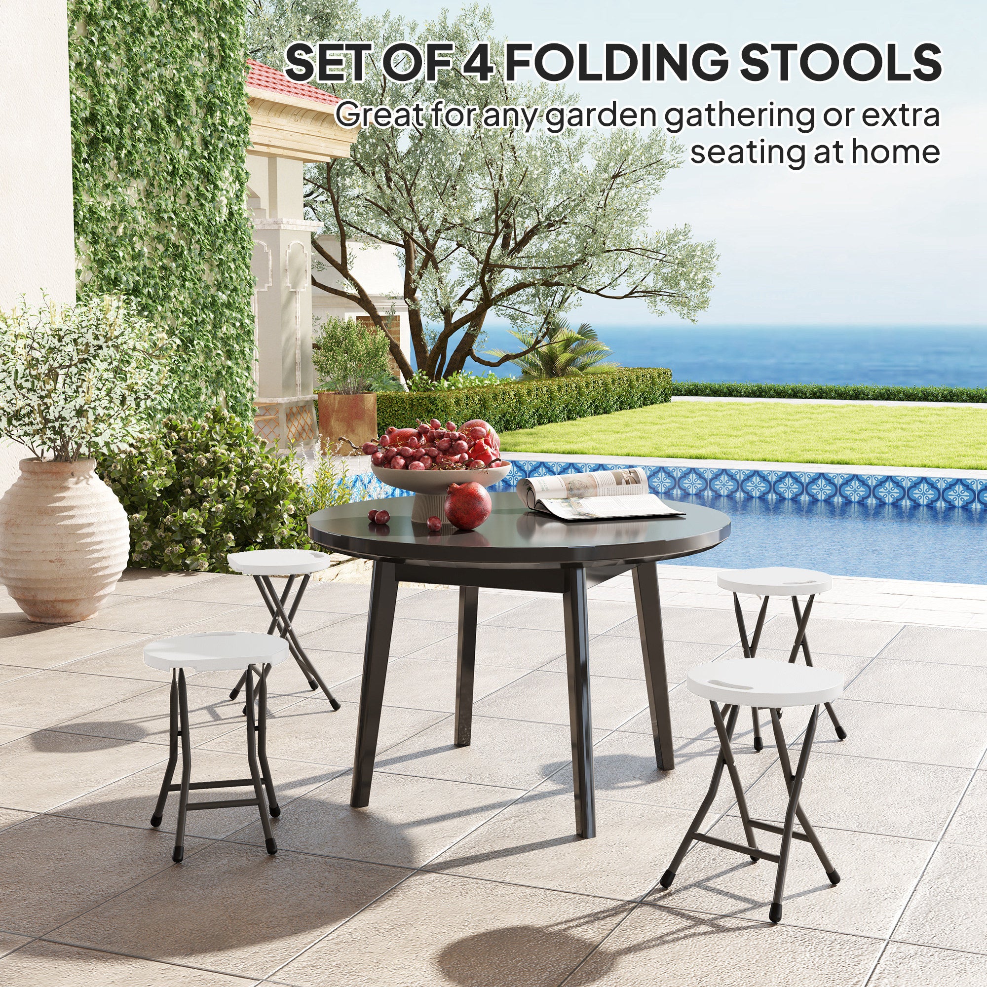 Outsunny Folding Stool Set of 4, Decorative Garden Stool Set with Safety Latch, Foldable Garden Stools with Powder-Coated Steel Legs HDPE Seat and Handle for Indoor and Outdoor, White - North Peak Garden Furniture