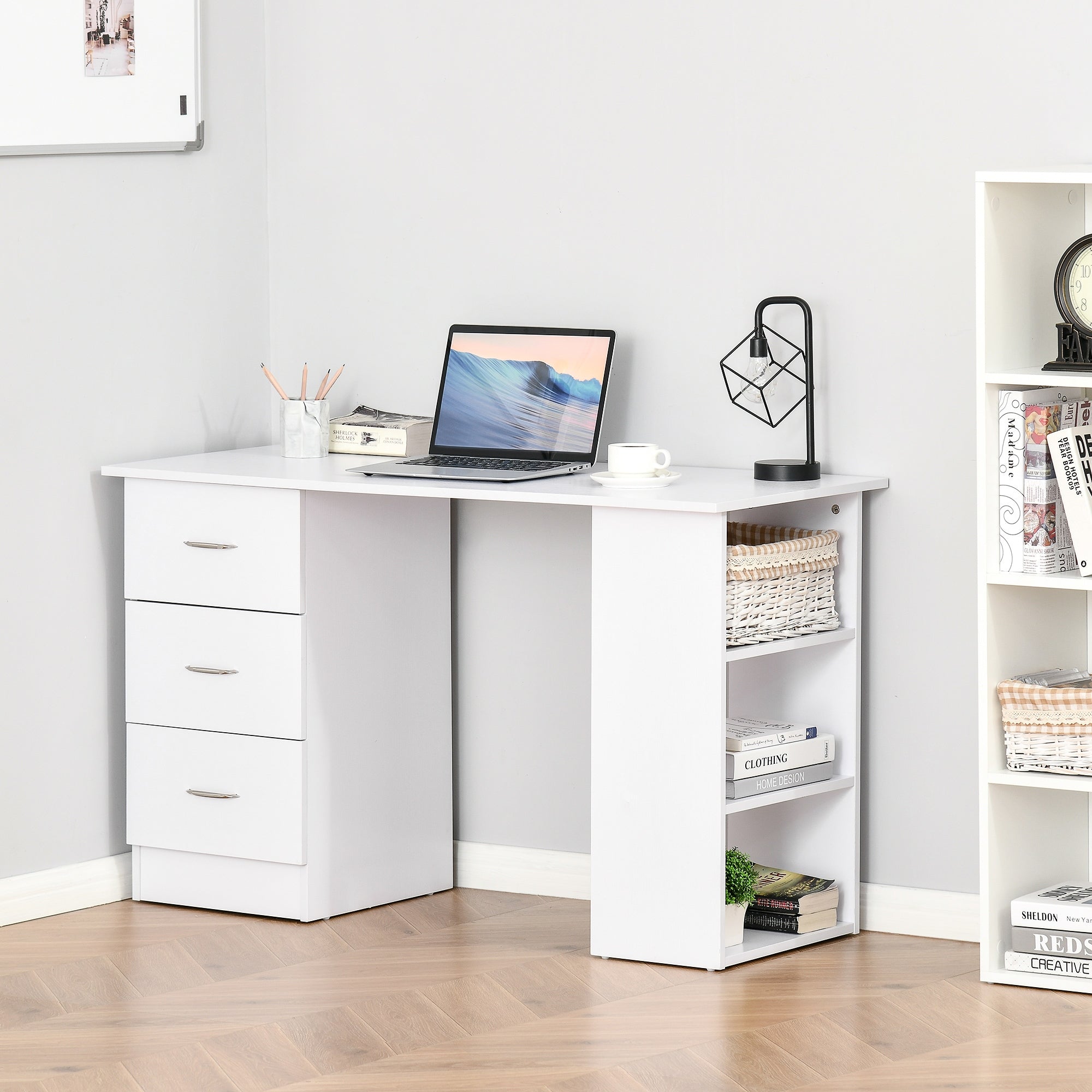 HOMCOM Computer Desk, Writing Table, PC Workstation with 3 Storage Shelves and Drawers, Silver Handle, for Home Office, White - North Peak Garden Furniture