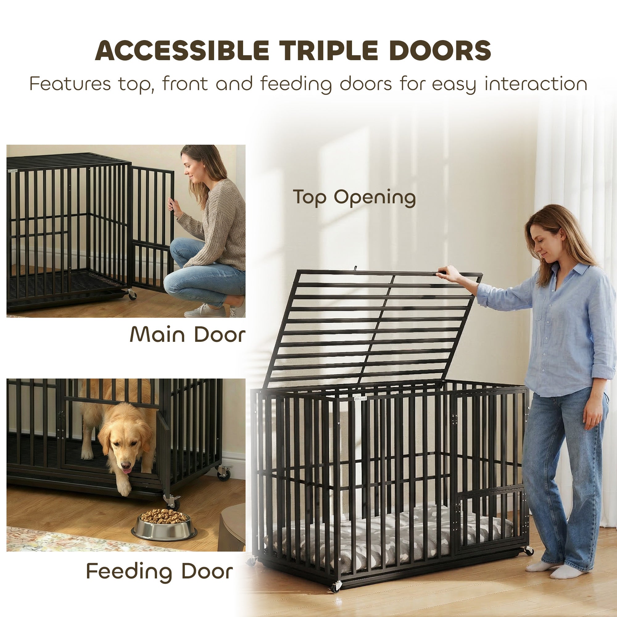 PawHut Heavy Duty Dog Crate, Dog Cage with Wheels for Extra Large Breeds, Metal Pet Kennel with Removable Tray