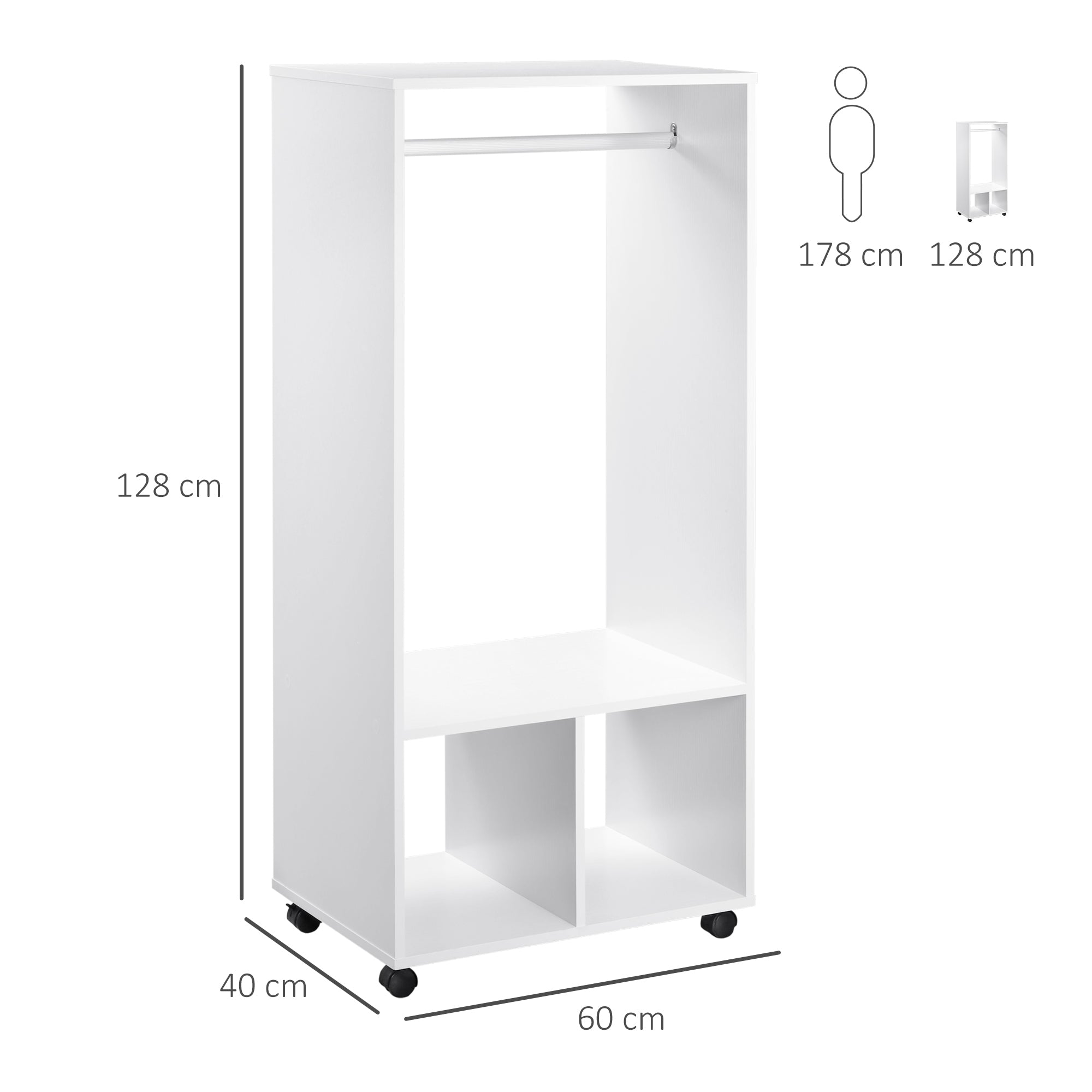 HOMCOM Open Wardrobe for Bedroom, Small Wardrobe on Wheels with Clothes Rail, Storage Shelves, Mobile Garment Rack for Clothes Storage, Cloakroom, Hallway, White - North Peak Garden Furniture