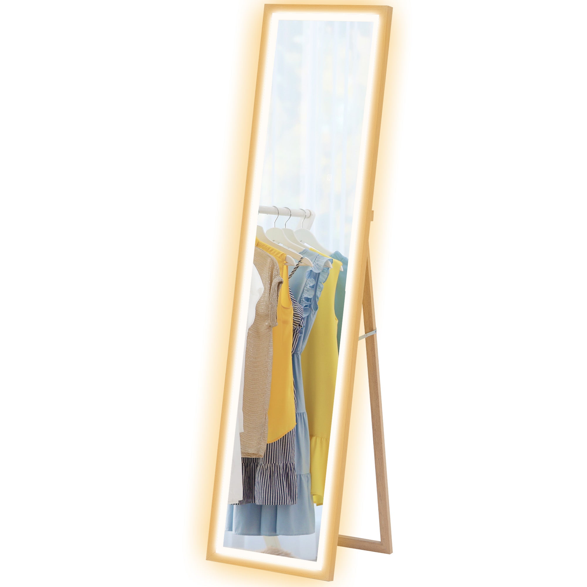 HOMCOM Full Length Mirror, with Adjustable Outer Light, Oak - North Peak Garden Furniture