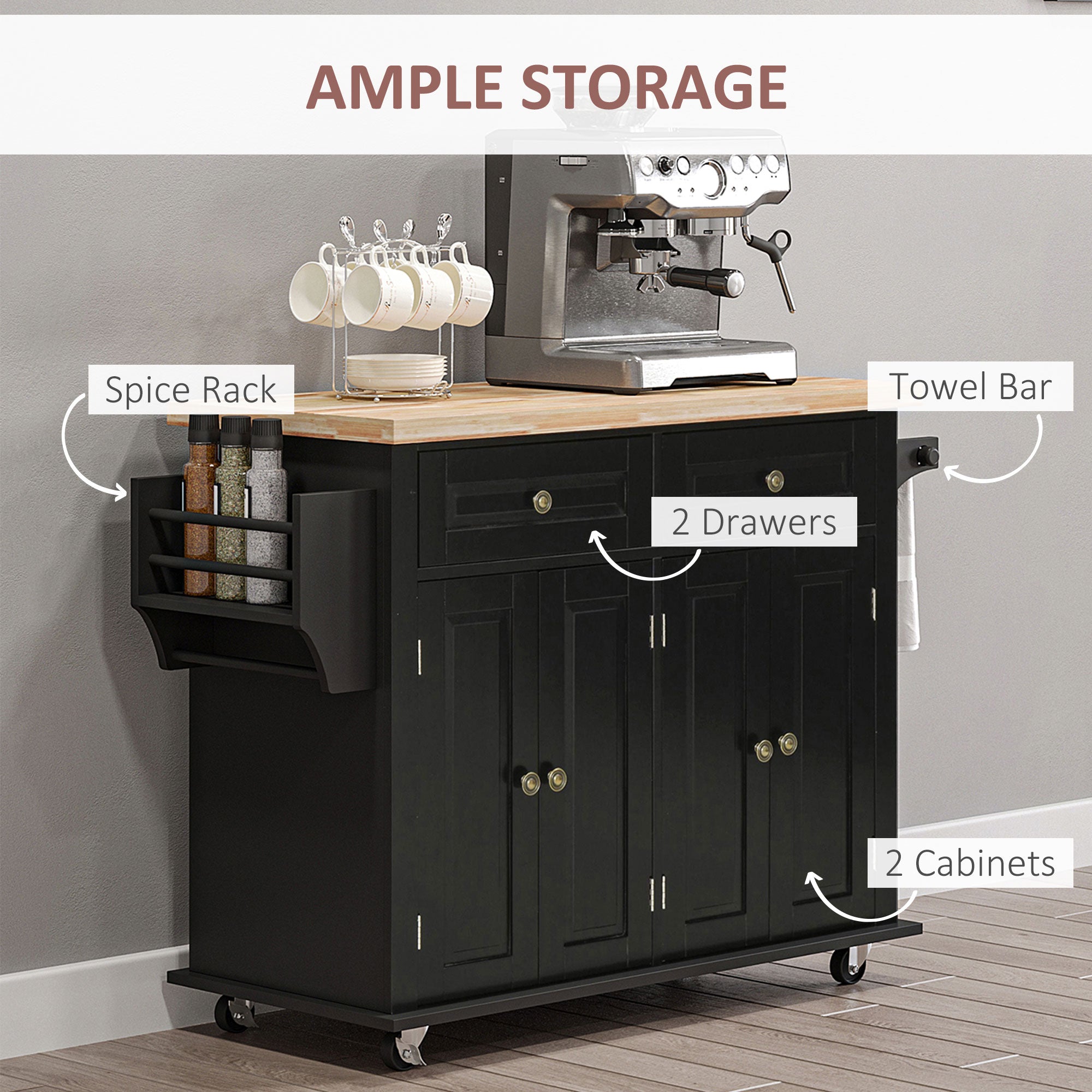 HOMCOM Rolling Kitchen Island Storage Trolley with Rubber Wood Top & Drawers for Dining Room, Black - North Peak Garden Furniture
