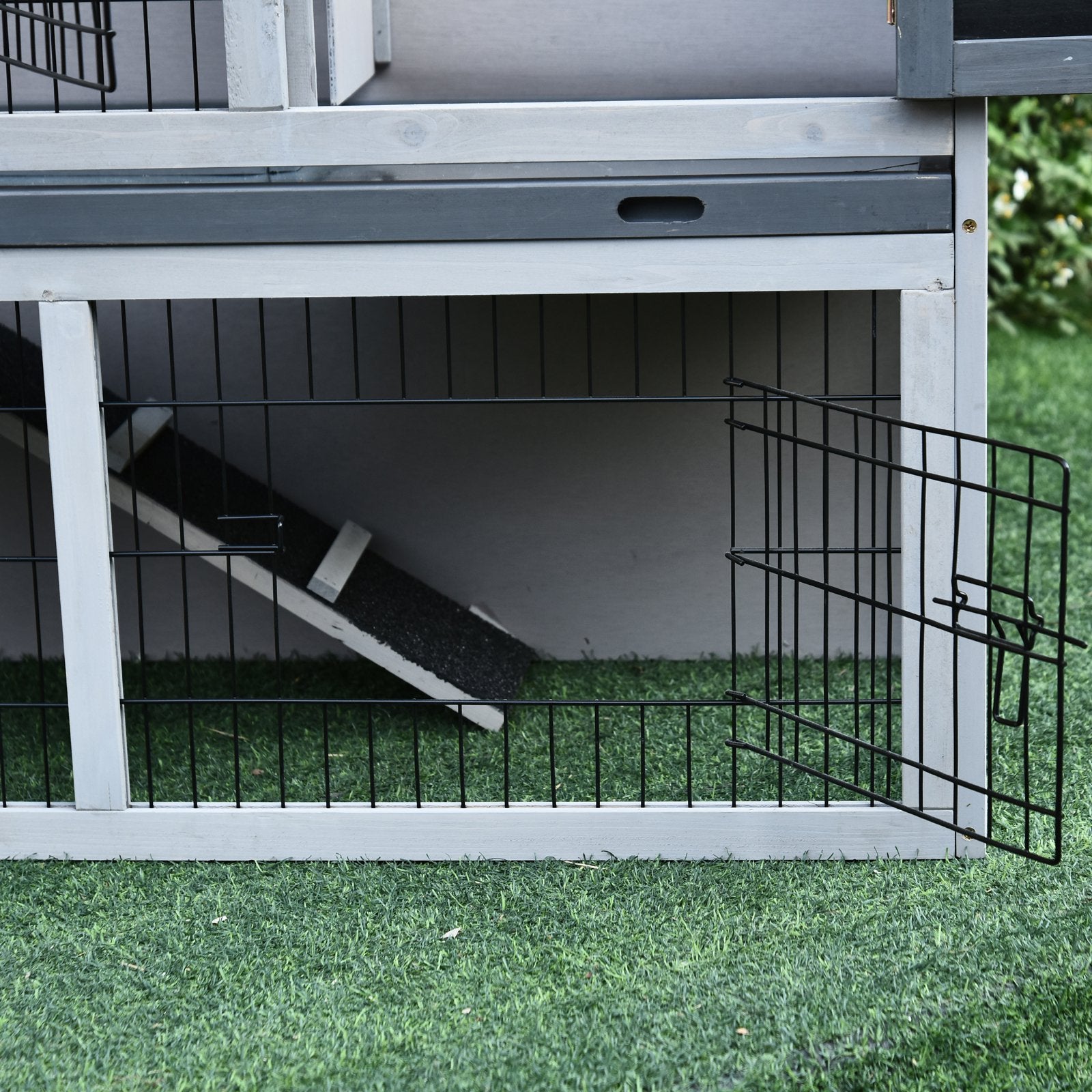 PawHut Small Animal Two-Level Fir Wood Guinea Pigs Hutches Bunny Cage w/ Slide Out Tray Grey