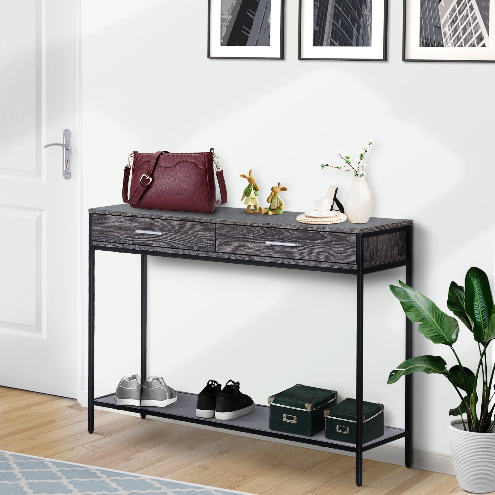 HOMCOM Console Table Worktop Bottom Shelf Home Two Drawer Industrial Minimal Style Grey Wood Tone Effect - North Peak Garden Furniture