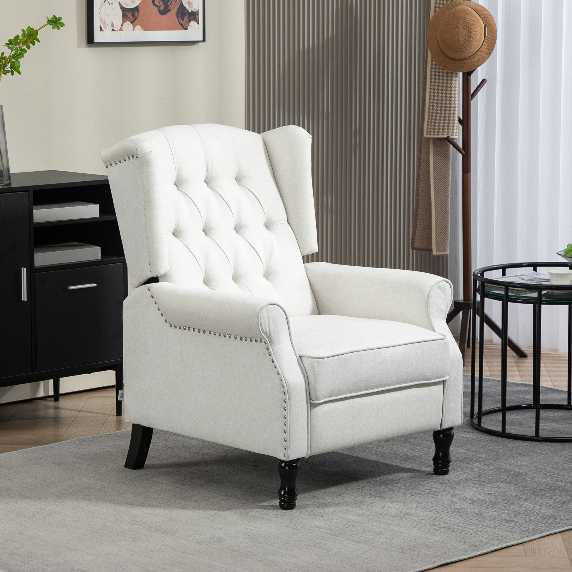 HOMCOM Recliner Armchair, Vintage Reclining Chair with Nail Head Trim, Wingback Chair with Button Tufted Back and Footrest, for Living Room, Cream White - North Peak Garden Furniture