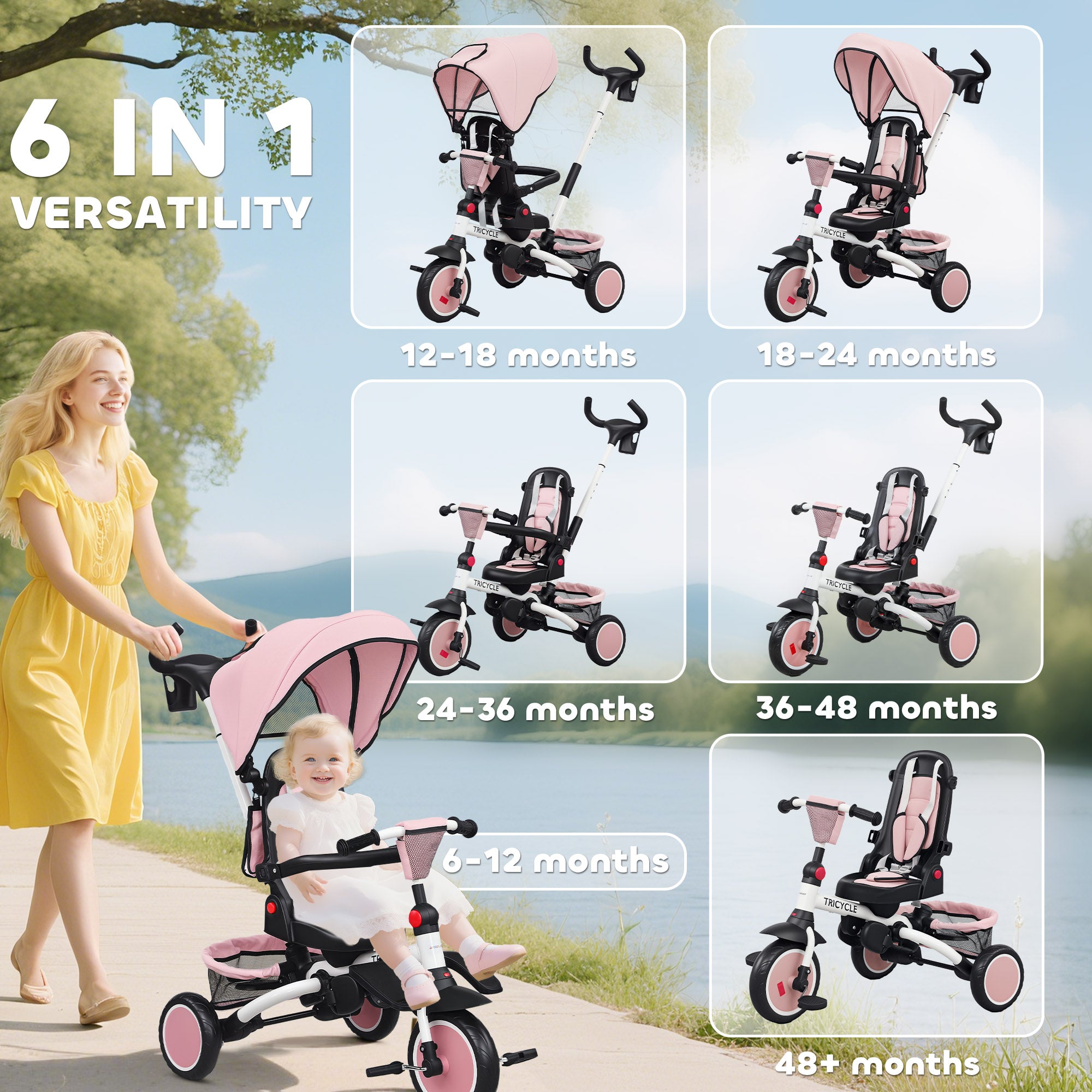 AIYAPLAY 6 in 1 Foldable Kids Trike with Adjustable Parent Handle & Canopy for Ages 1-5, Pink