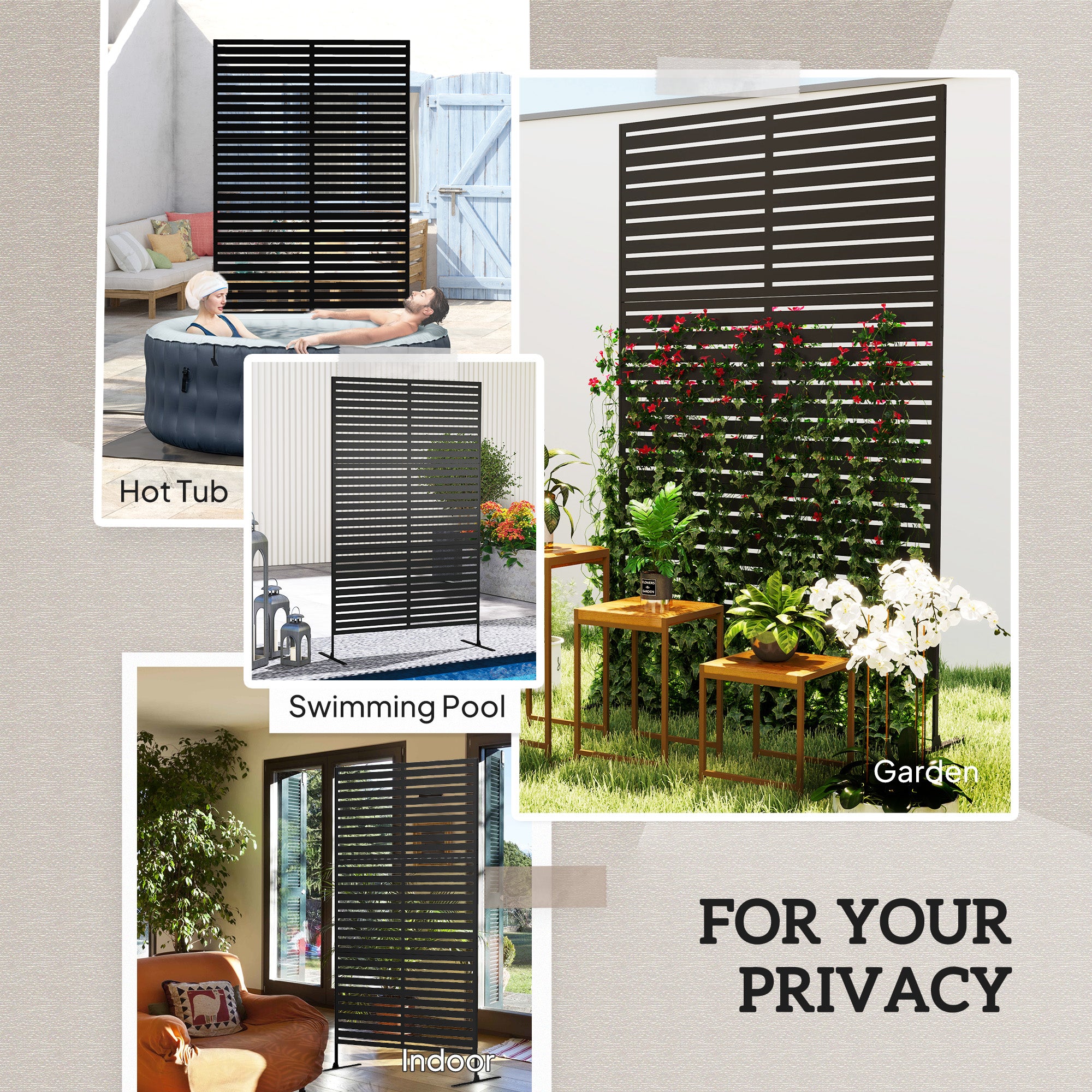 Outsunny Decorative Privacy Fence Screen, Metal Outdoor Privacy Screen Climbing Plant Trellis with Stand, 122 x 198 cm, Black