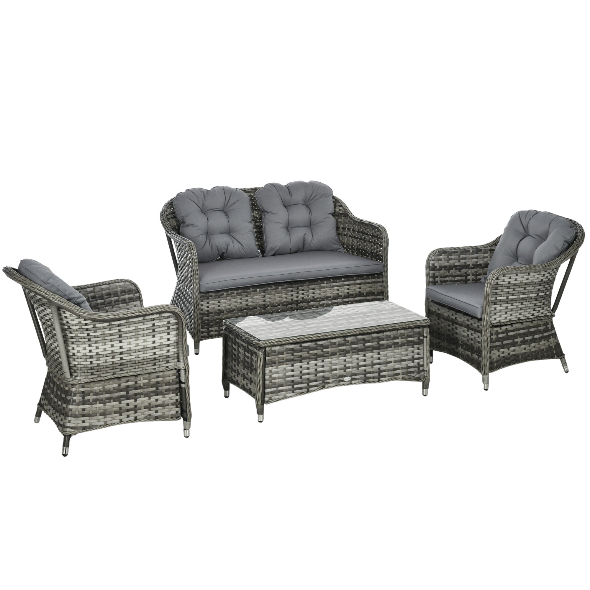 Outsunny 4 Pieces Outdoor PE Rattan Garden Furniture with Cushions, Patio Special Hand Weave Wicker Conservatory Sofa Set with Glass Top Coffee Table, Mixed Grey - North Peak Garden Furniture