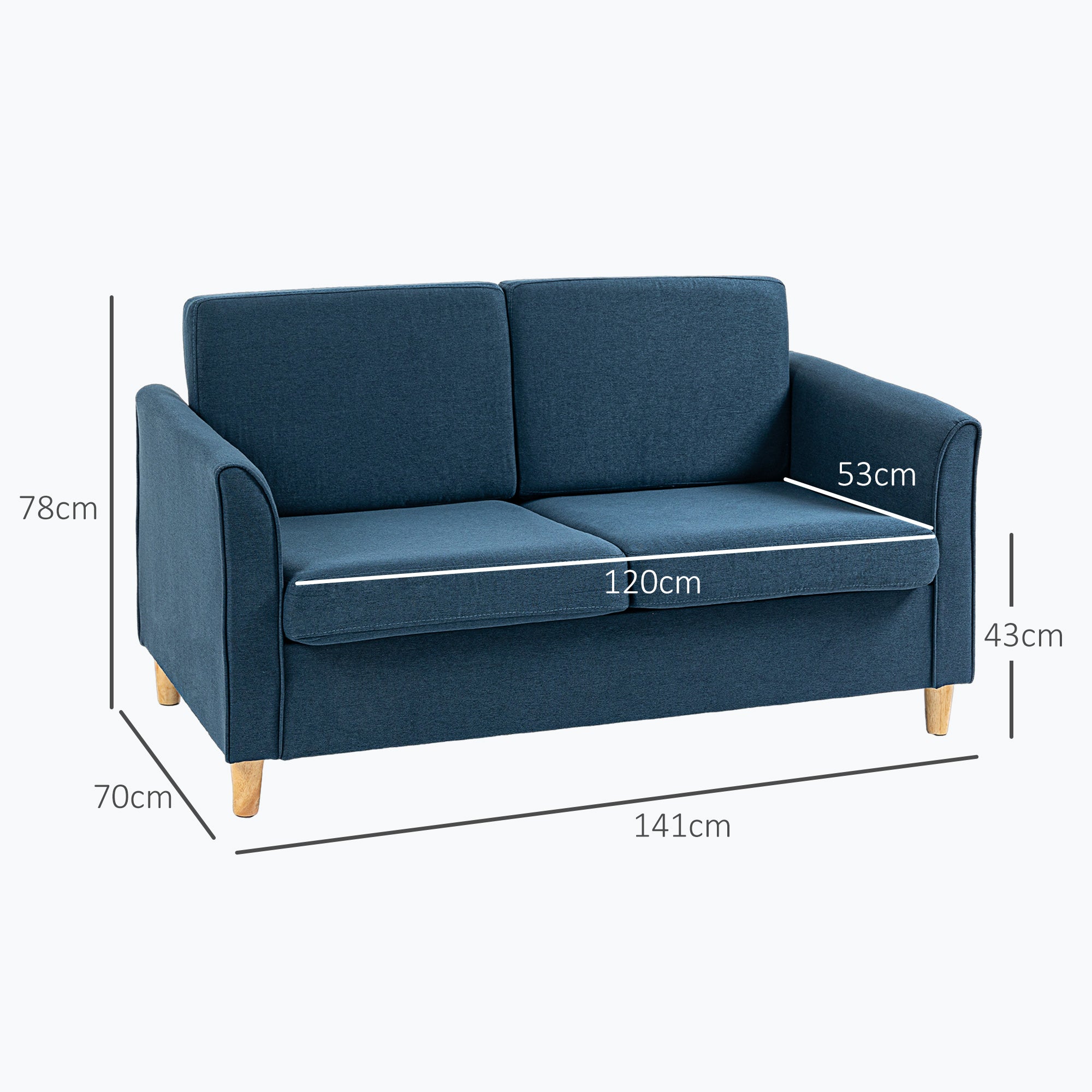 HOMCOM Compact Loveseat Sofa, Modern 2 Seater Sofa for Living Room with Wood Legs and Armrests, Blue - North Peak Garden Furniture