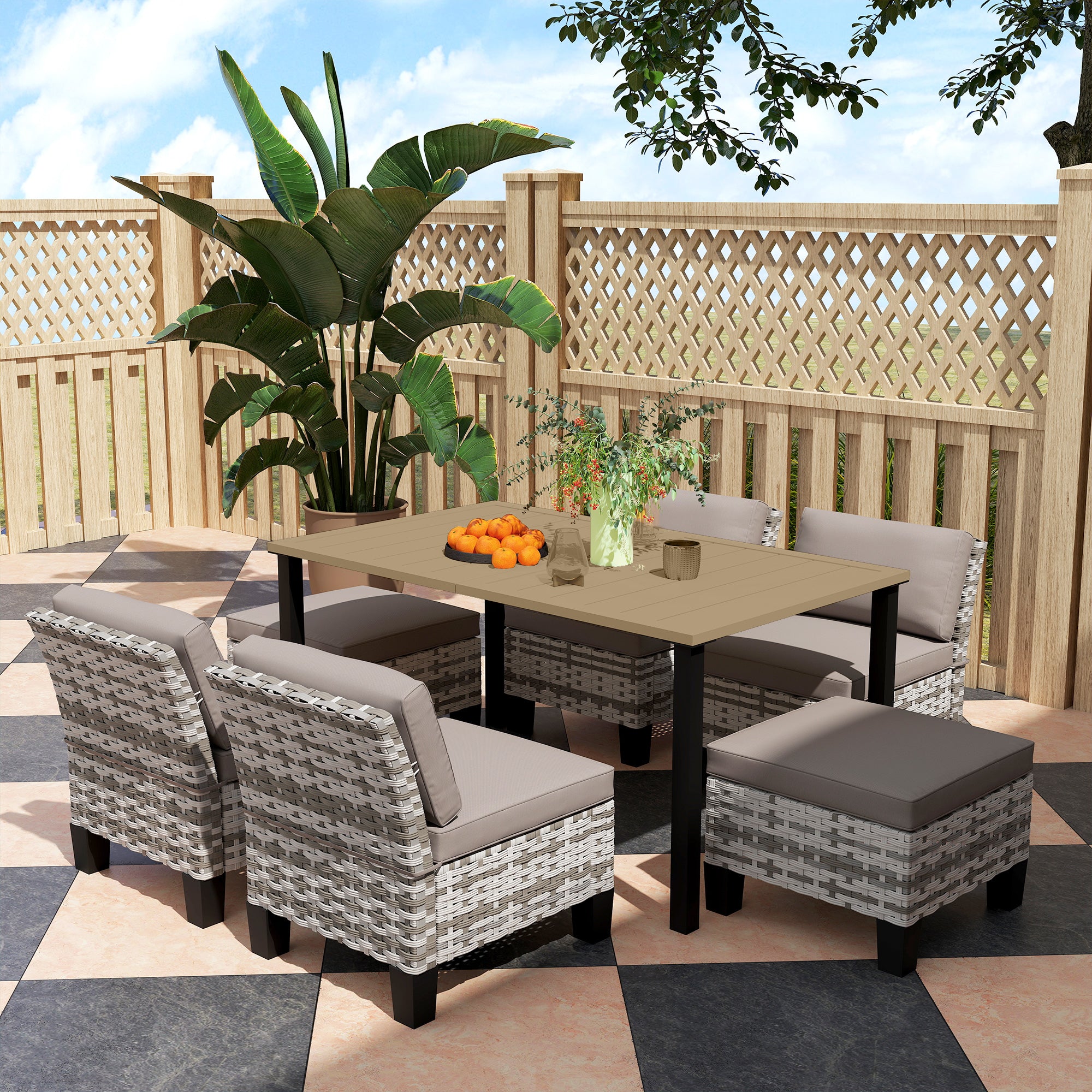 Outsunny 7-Piece Rattan Garden Dining Set, 6 Seater Wicker Garden Furniture Set with Seat and Back Cushions, Umbrella Hole, Patio Table and Chairs with Slatted Metal Top Table for Balcony, Grey