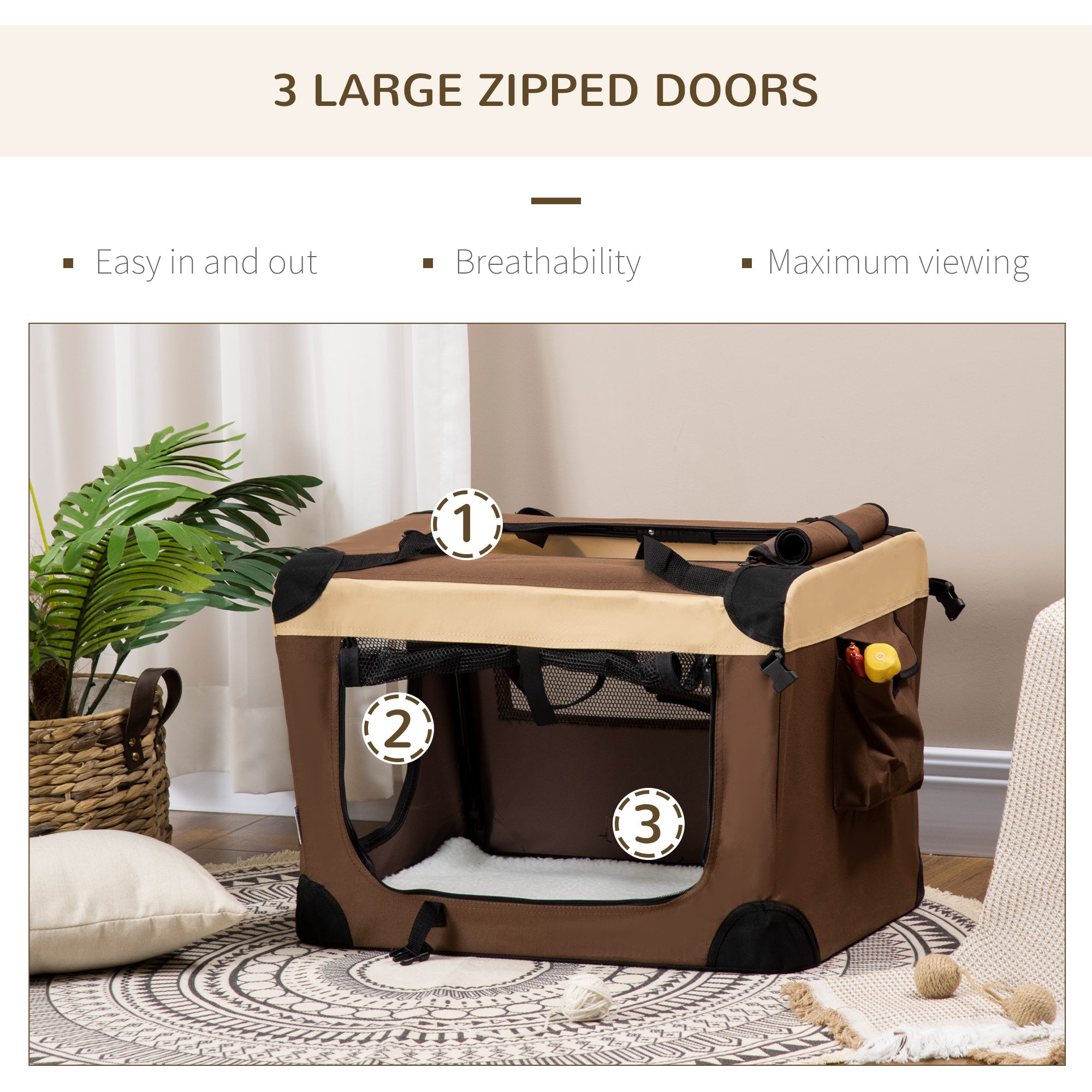PawHut 60cm Foldable Pet Carrier, with Cushion, for Mini Dogs and Cats - Brown - North Peak Garden Furniture