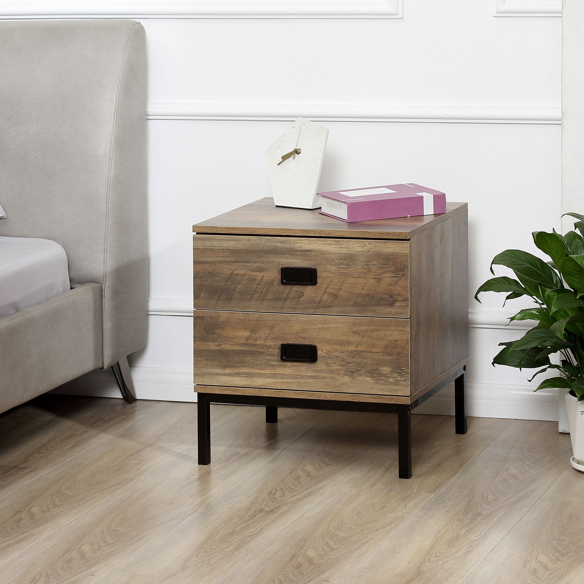 HOMCOM Retro Bedside Table, End Side Table with 2 Drawers, Metal Frame for Bedroom, Living Room, Coffee - North Peak Garden Furniture