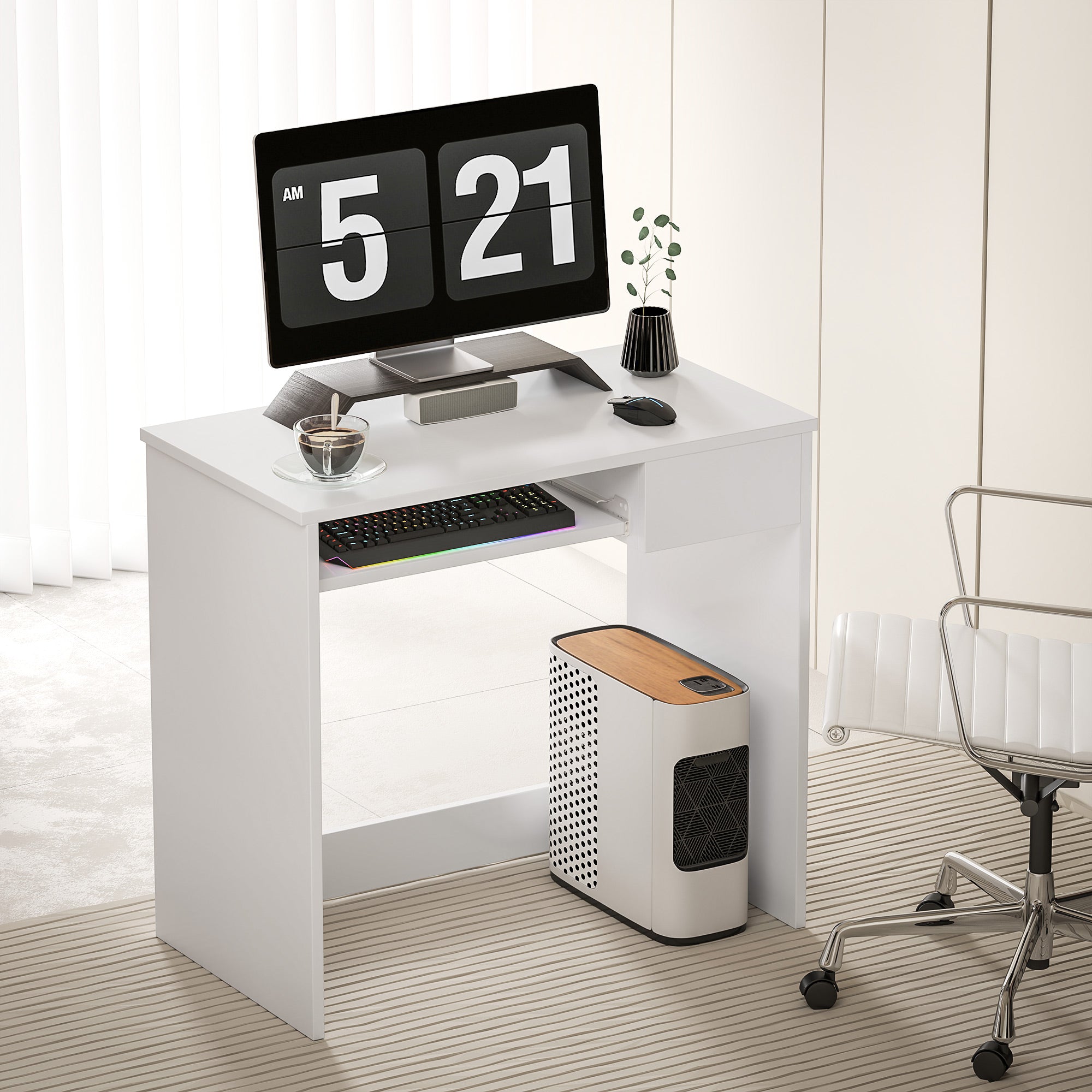 HOMCOM Compact Computer Table with Keyboard Tray Drawer Study Office Working Writing Desk, White - North Peak Garden Furniture