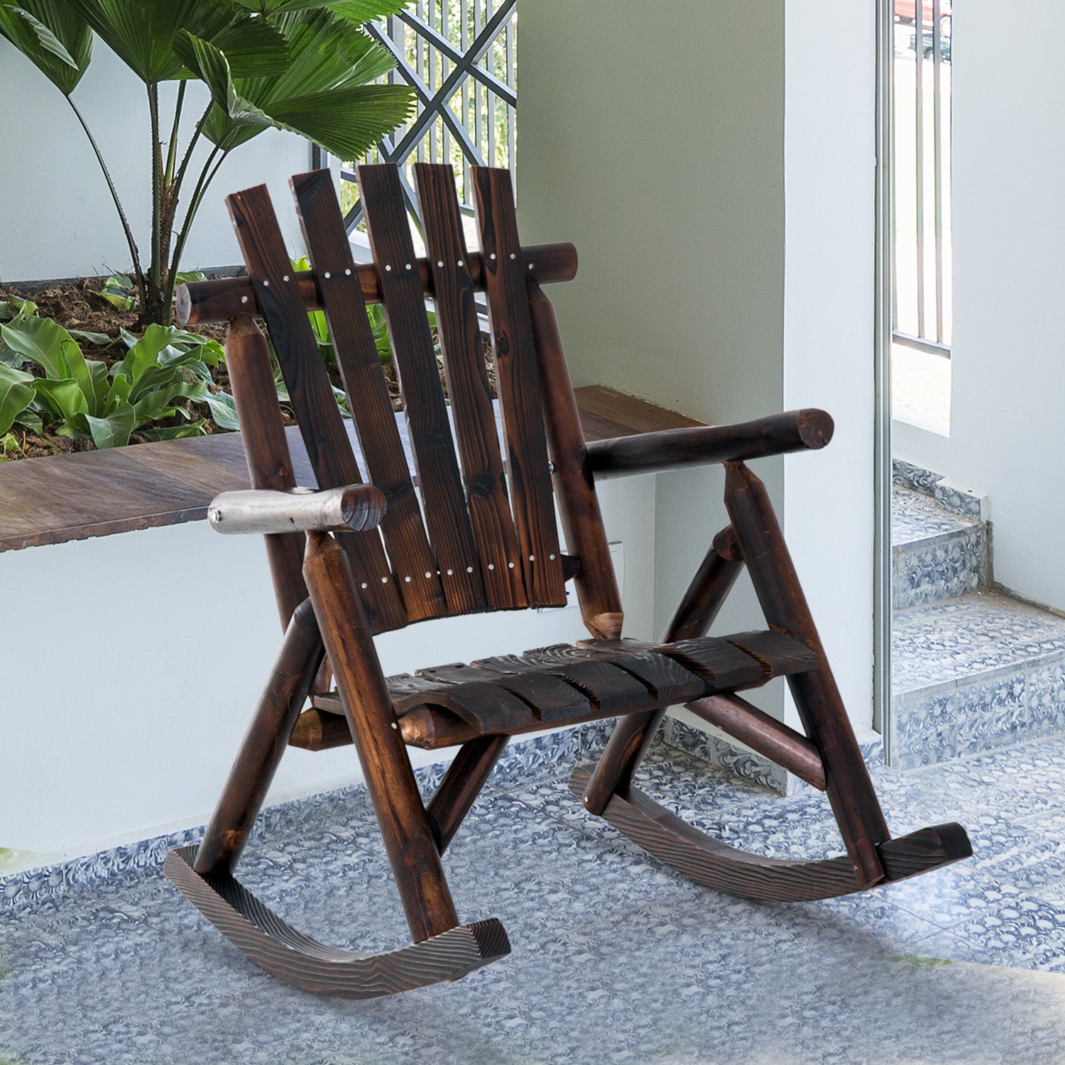 Outsunny Outdoor Rocking Chair Fir Wood Rustic Patio Adirondack Rocking Chair Traditional Rustic Style & Pure Comfort