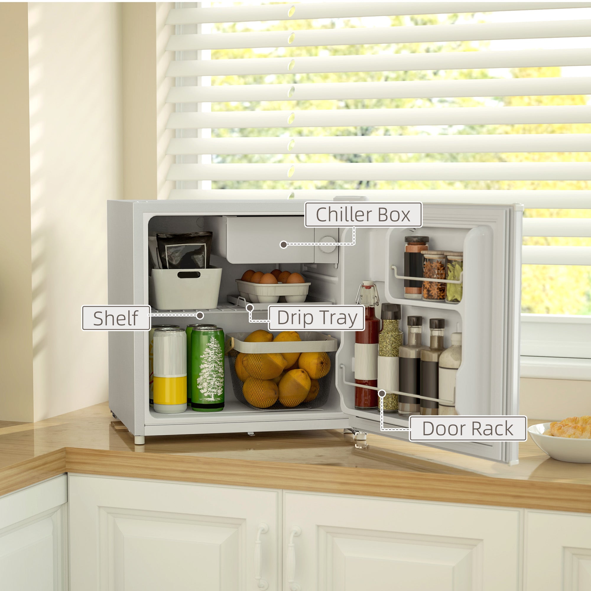 HOMCOM 46 Litre Lockable Countertop Fridge - Cream White - North Peak Garden Furniture