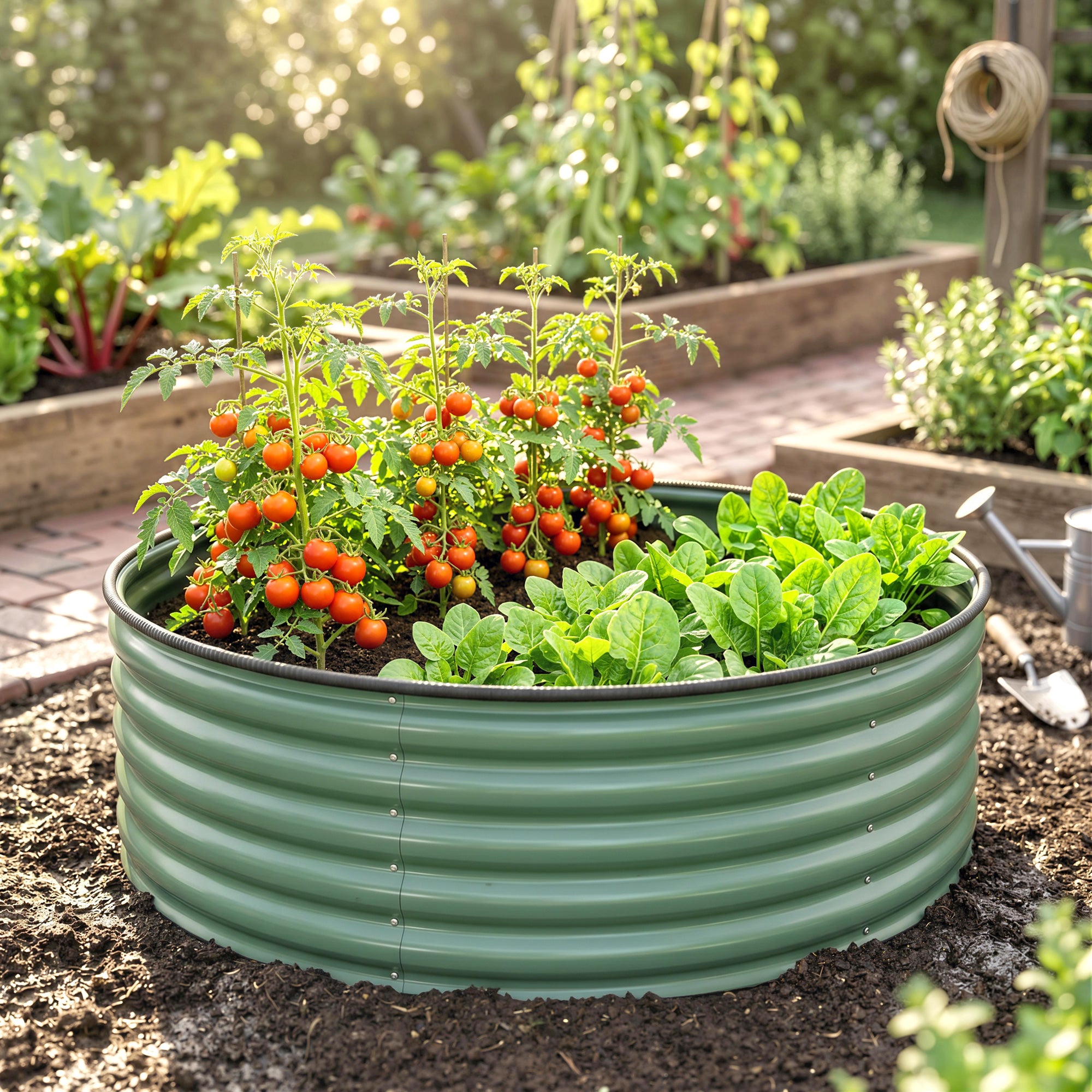 Outsunny Galvanised Raised Garden Bed with Safety Edging, Outdoor Raised Planter Box with Gloves, 120 x 120 x 43cm, Light Green