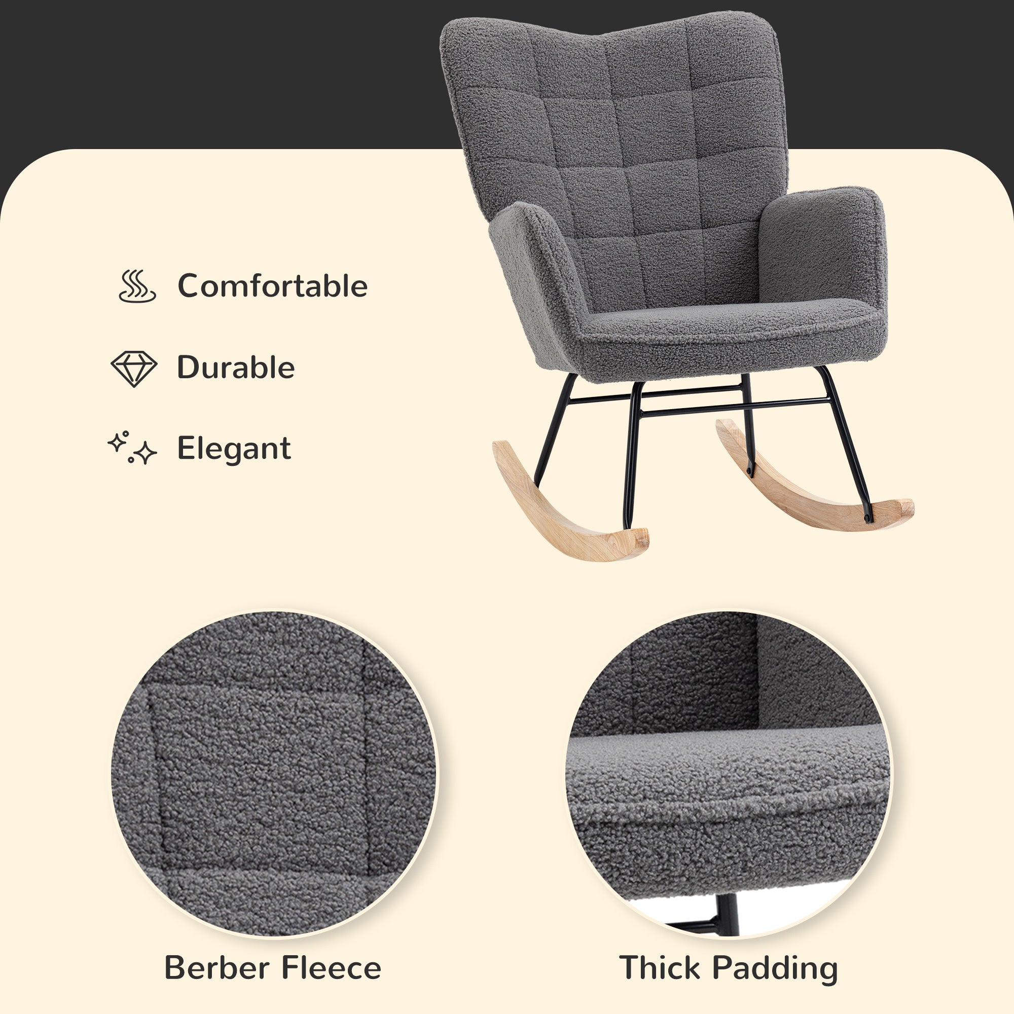 HOMCOM Berber Fleece Nursery Glider Rocker for Nursing, Wingback Rocking Chair for Living Room, Dark Grey - North Peak Garden Furniture