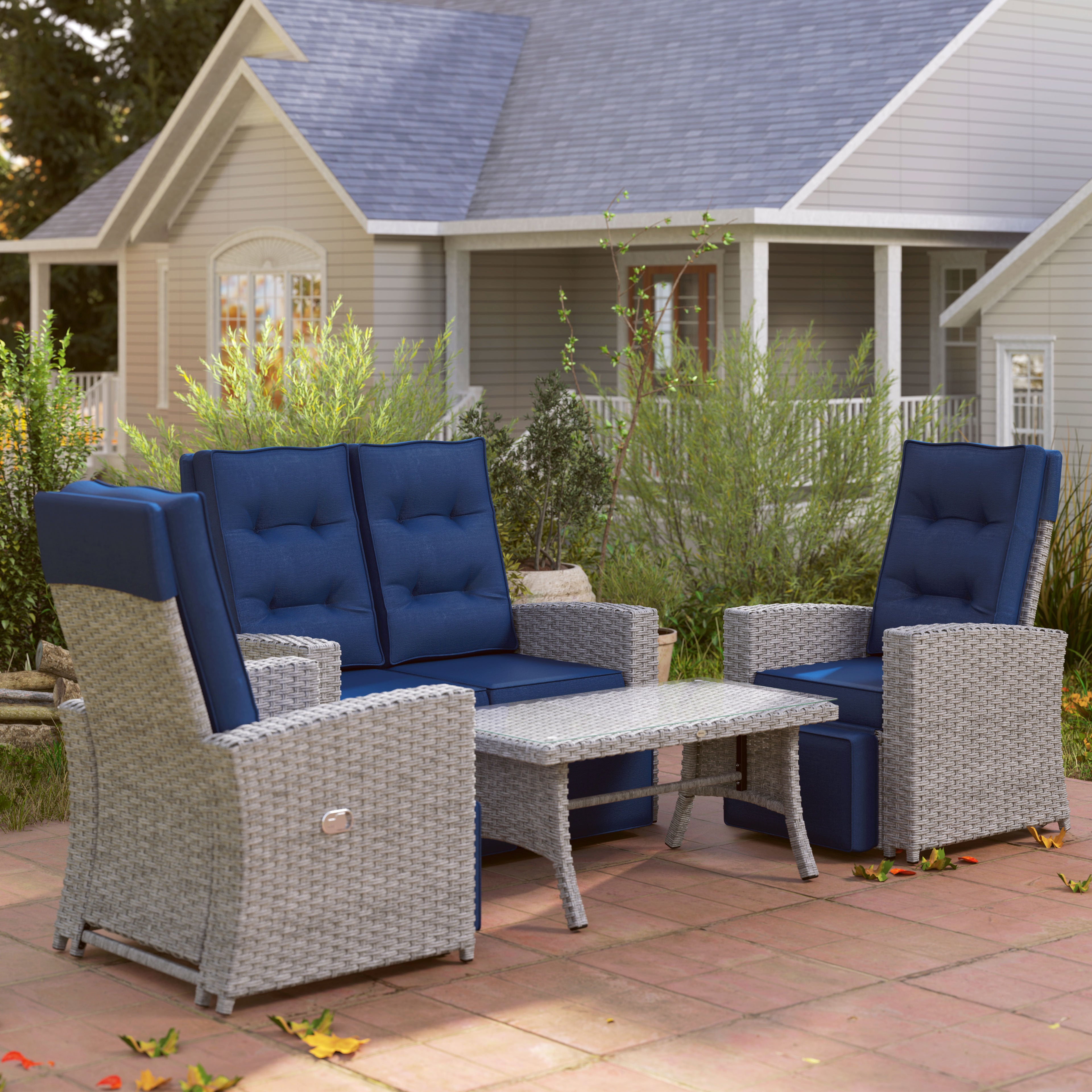 Outsunny 4 Piece Rattan Garden Furniture Set Outdoor Sofa Sectional Set with Glass Top Table for Poolside, Navy Blue - North Peak Garden Furniture