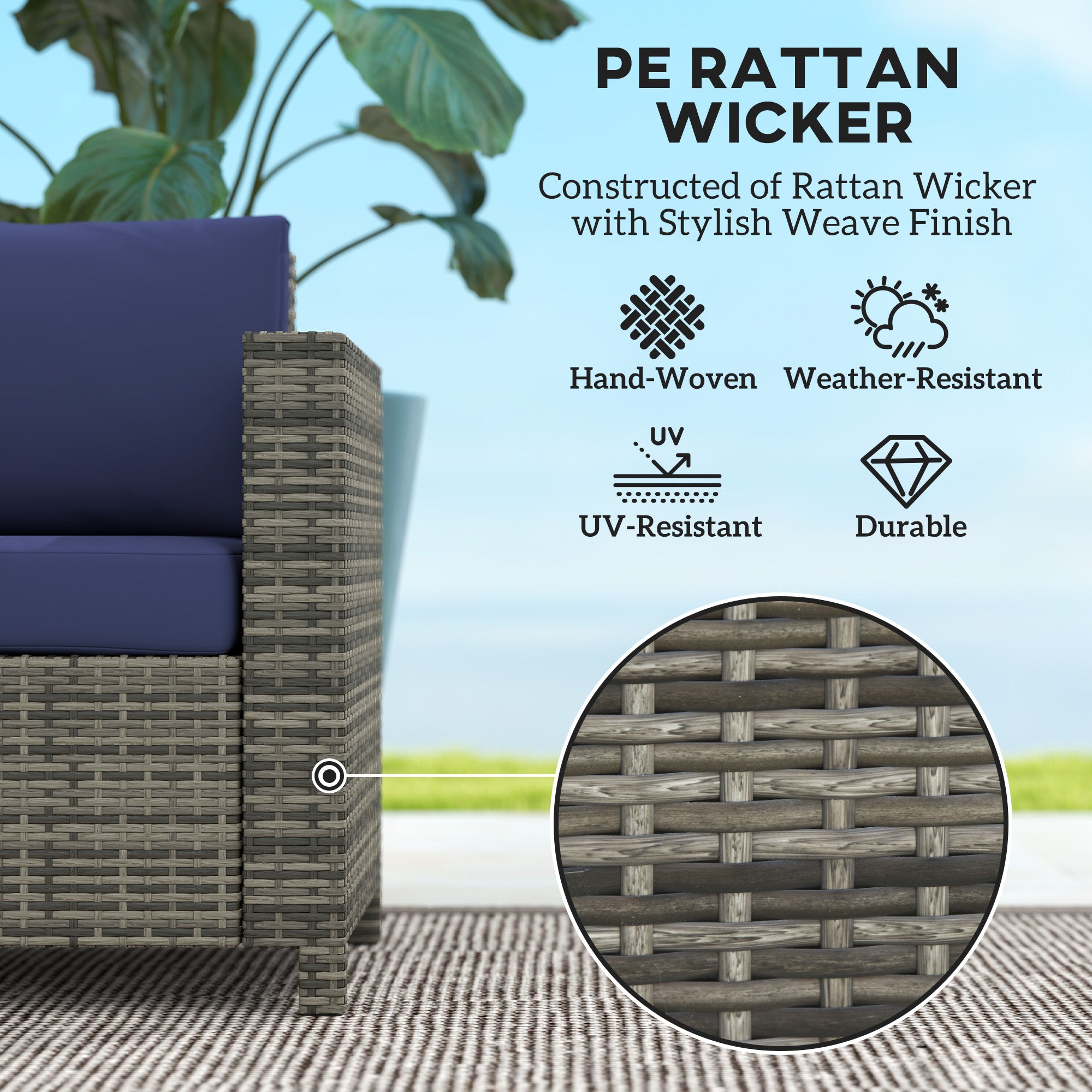 Outsunny 2 Seater Garden Furniture, Rattan Sofa with Soft Padded Cushion and Armrests, Wicker Garden Loveseat for Patio, Navy Blue - North Peak Garden Furniture