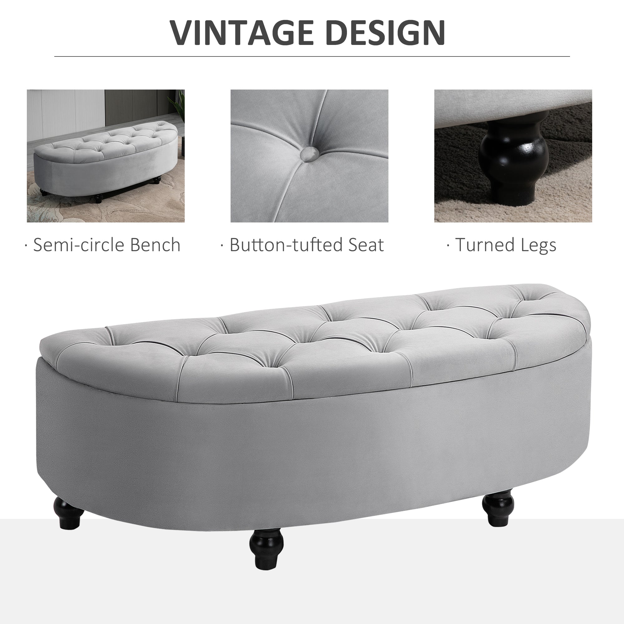 HOMCOM Semi-Circle Bed End Bench Ottoman with Storage Tufted Upholstered Accent Seat Footrest Stool with Rubberwood Legs for Bedroom & Entryway, Light Grey - North Peak Garden Furniture