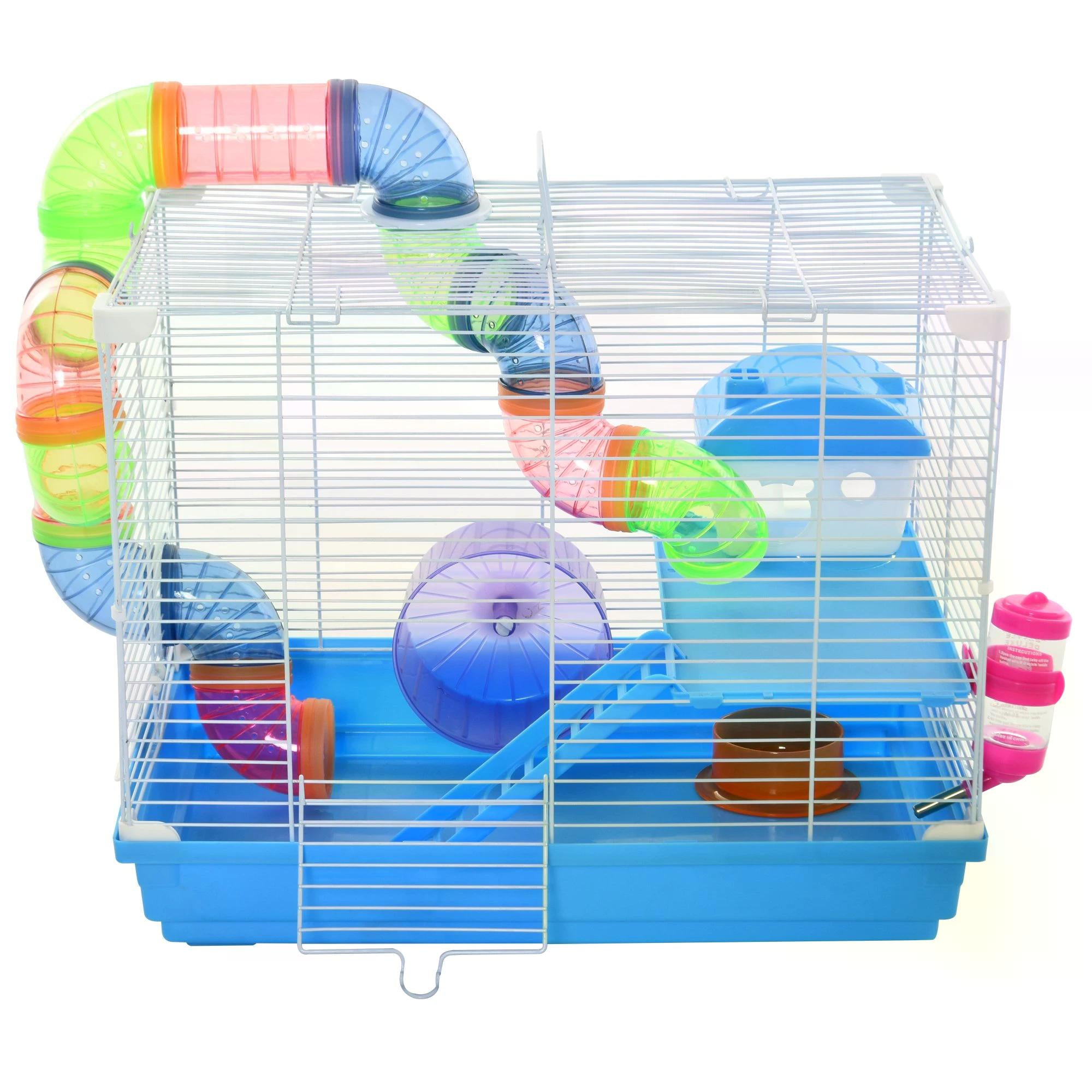 Pawhut 2 Tier Hamster Cage Carrier Habitat Small Animal House with Exercise Wheels Tunnel Tube Water Bottle Dishes House Ladder for Dwarf Mice, Blue