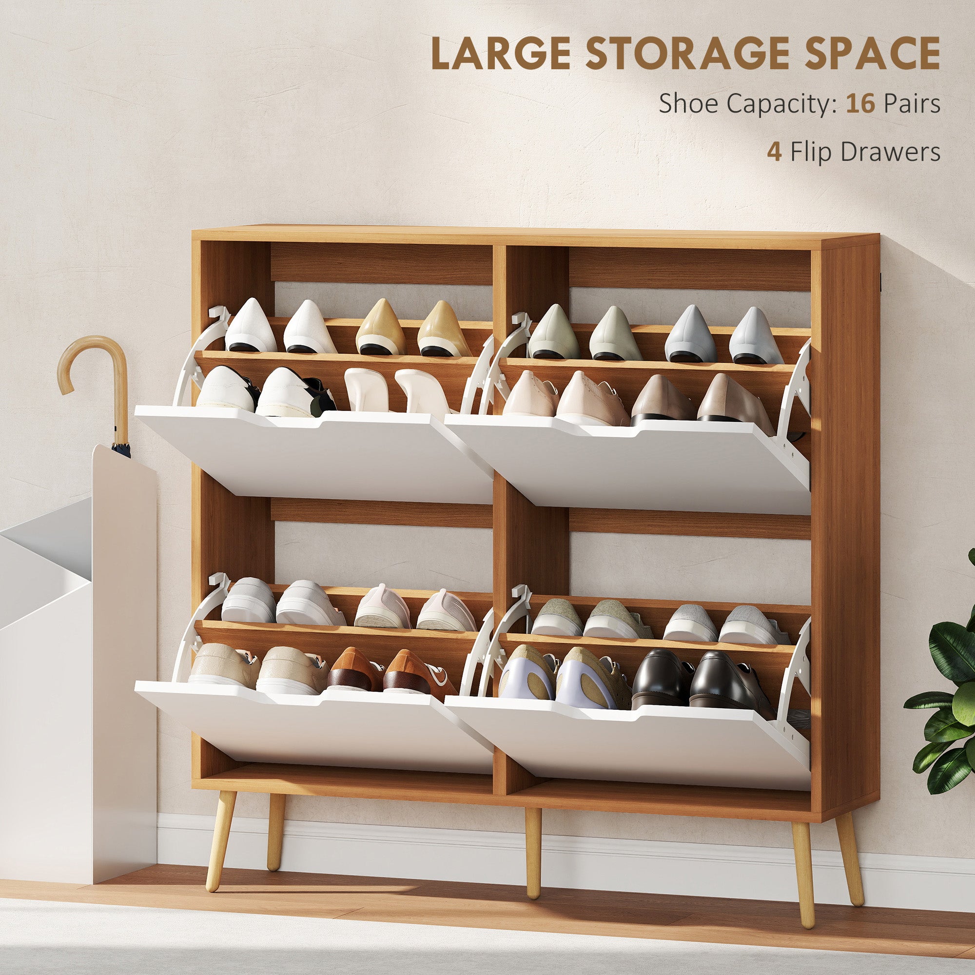 HOMCOM Shoe Storage Cabinet, 4 Flip Drawers, Shoe Organizer for 16 Pairs of Shoes, Natural