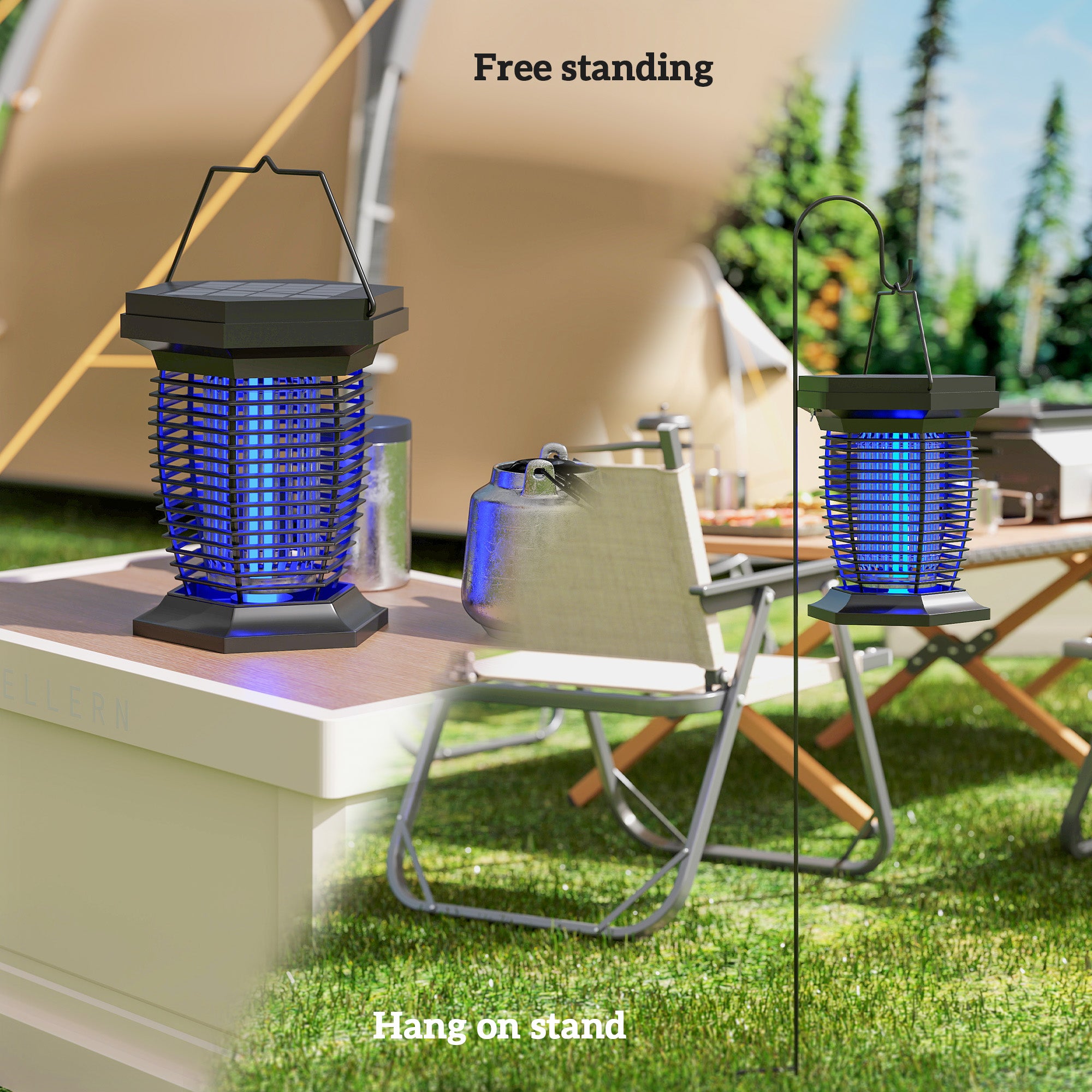 Outsunny 2-in-1 Electric Fly Zapper with UVA Light, Hanging Garden Lantern, Solar and USB-DC Rechargeable Insect Mosquito Bug Zapper, Fly Killer for Indoor and Outdoor Use, Black - North Peak Garden Furniture