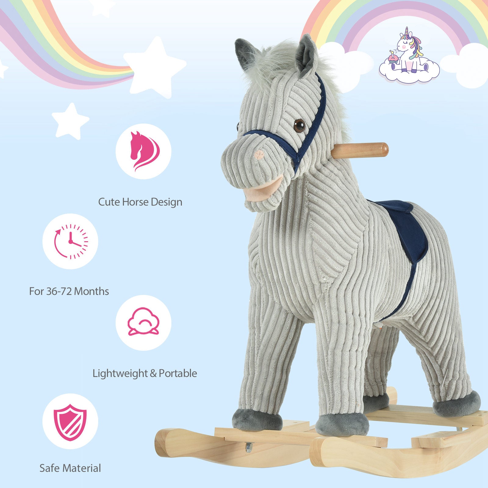 HOMCOM Kids Plush Rocking Horse w/ Sound Children Rocker Ride On Toy Gift 3-6 Years Grey - North Peak Garden Furniture