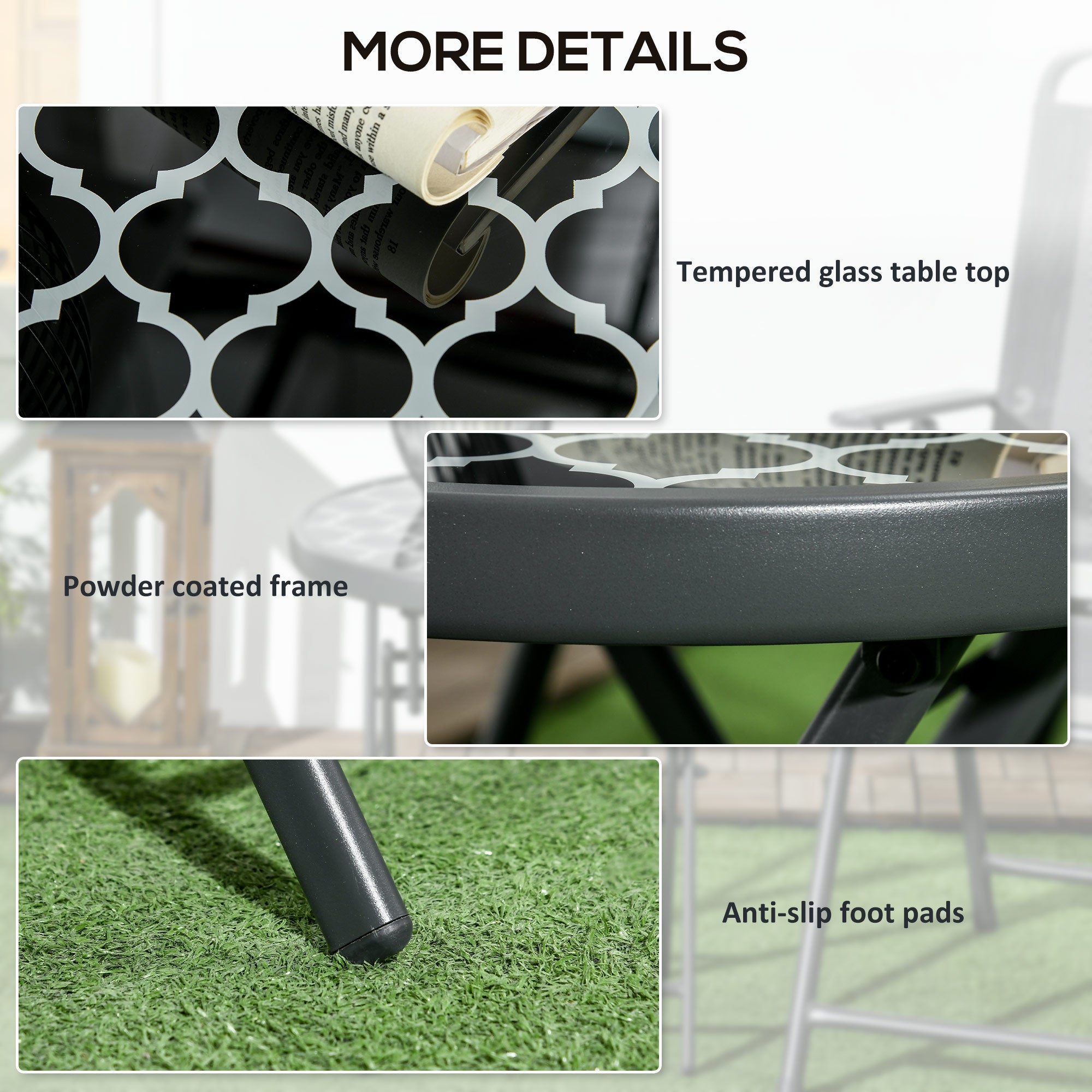 Outsunny Φ45cm Garden Side Table, Outdoor Round Folding Patio Table with Imitation Marble Glass Top, Small Coffee Table, Black and White - North Peak Garden Furniture