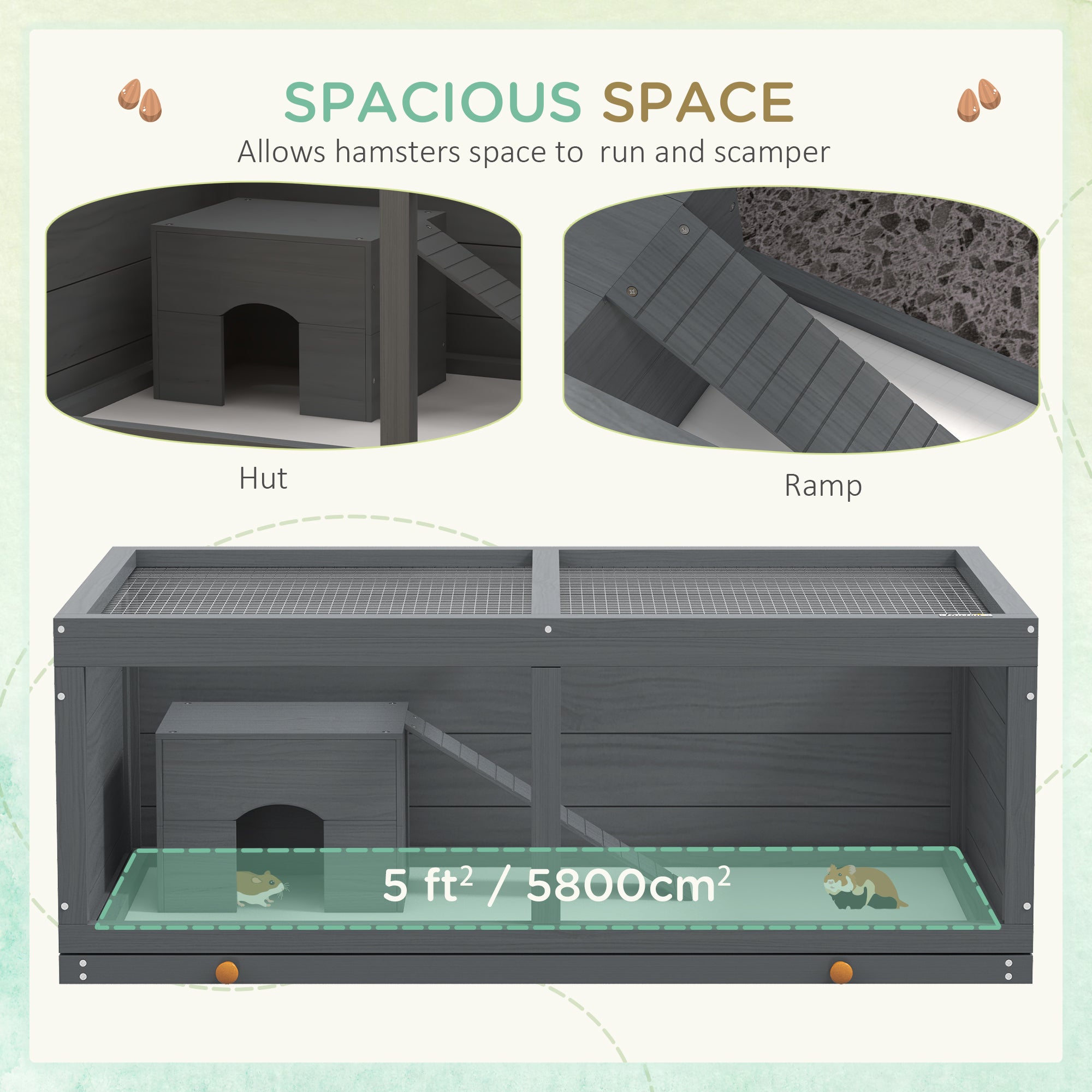 PawHut Wooden Hamster Cage with Sliding Tray, Openable Top, Hut for Syrian Hamsters, Grey