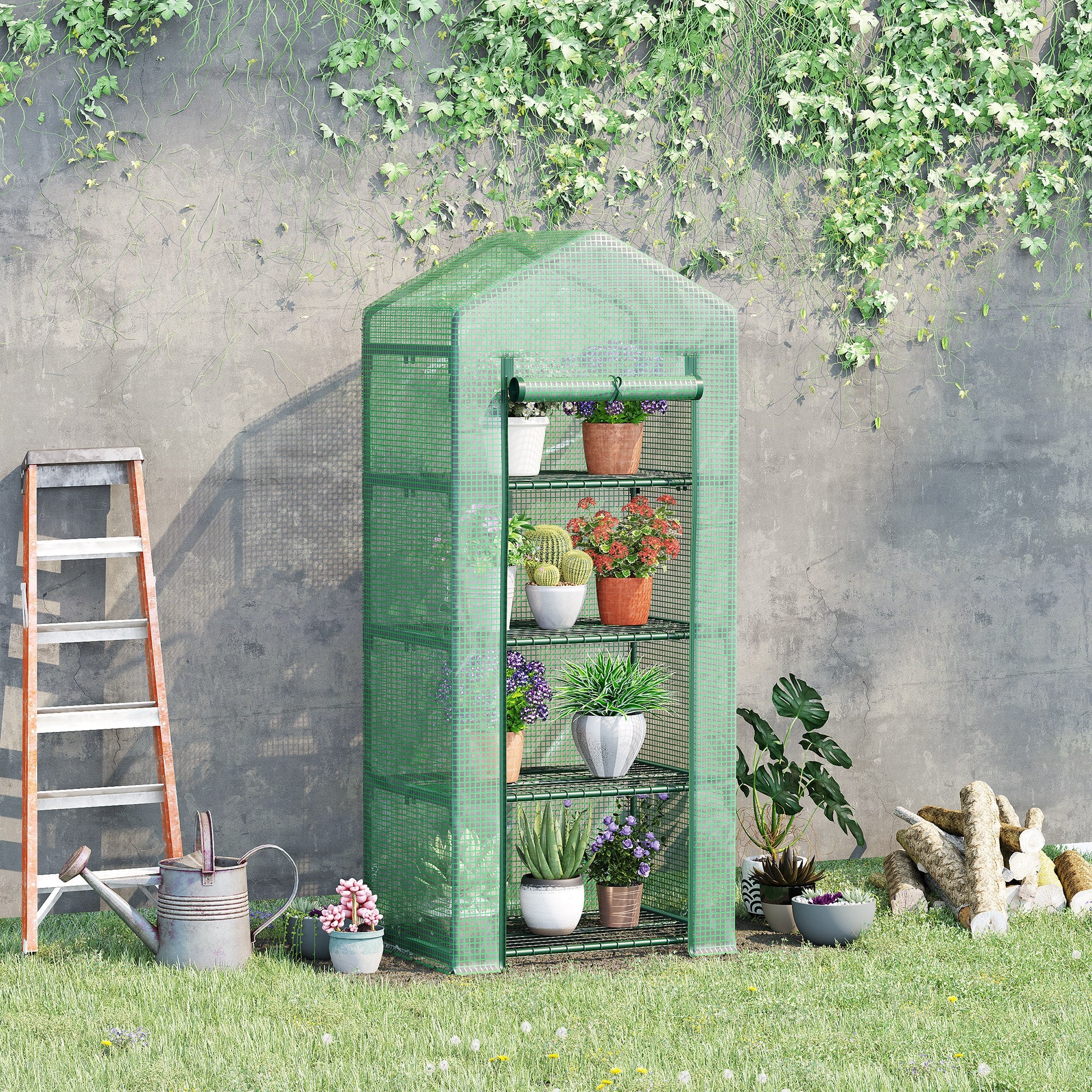 Outsunny 4 Tier Mini Greenhouse, Portable Compact Green House with Steel Frame, PE Cover, Roll-up Door, 70 x 50 x 160 cm, Green - North Peak Garden Furniture