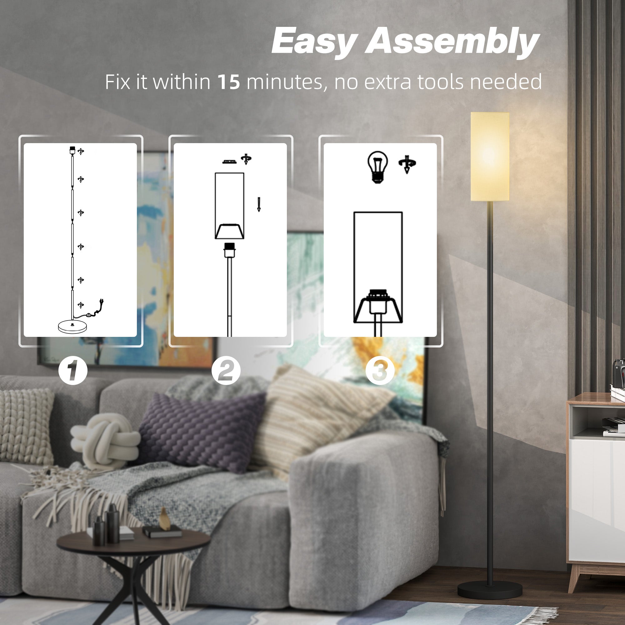 HOMCOM Floor Lamp for Living Room, Modern Standing Lamp with Linen Shade & Foot Switch, Minimalist Tall Pole Lampshade for Bedroom, Office, White - North Peak Garden Furniture