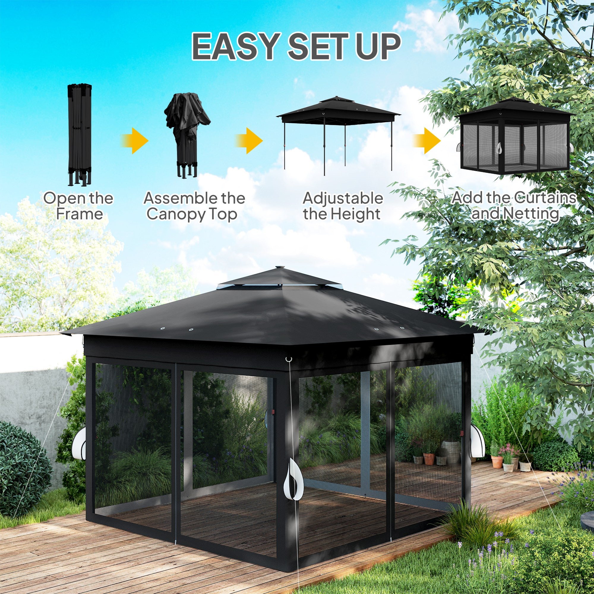 Outsunny 3 x 3(m) Pop Up Gazebo Party Tent with Solar-Powered LED Lights, Adjustable Event Shelter with Netting, Black - North Peak Garden Furniture