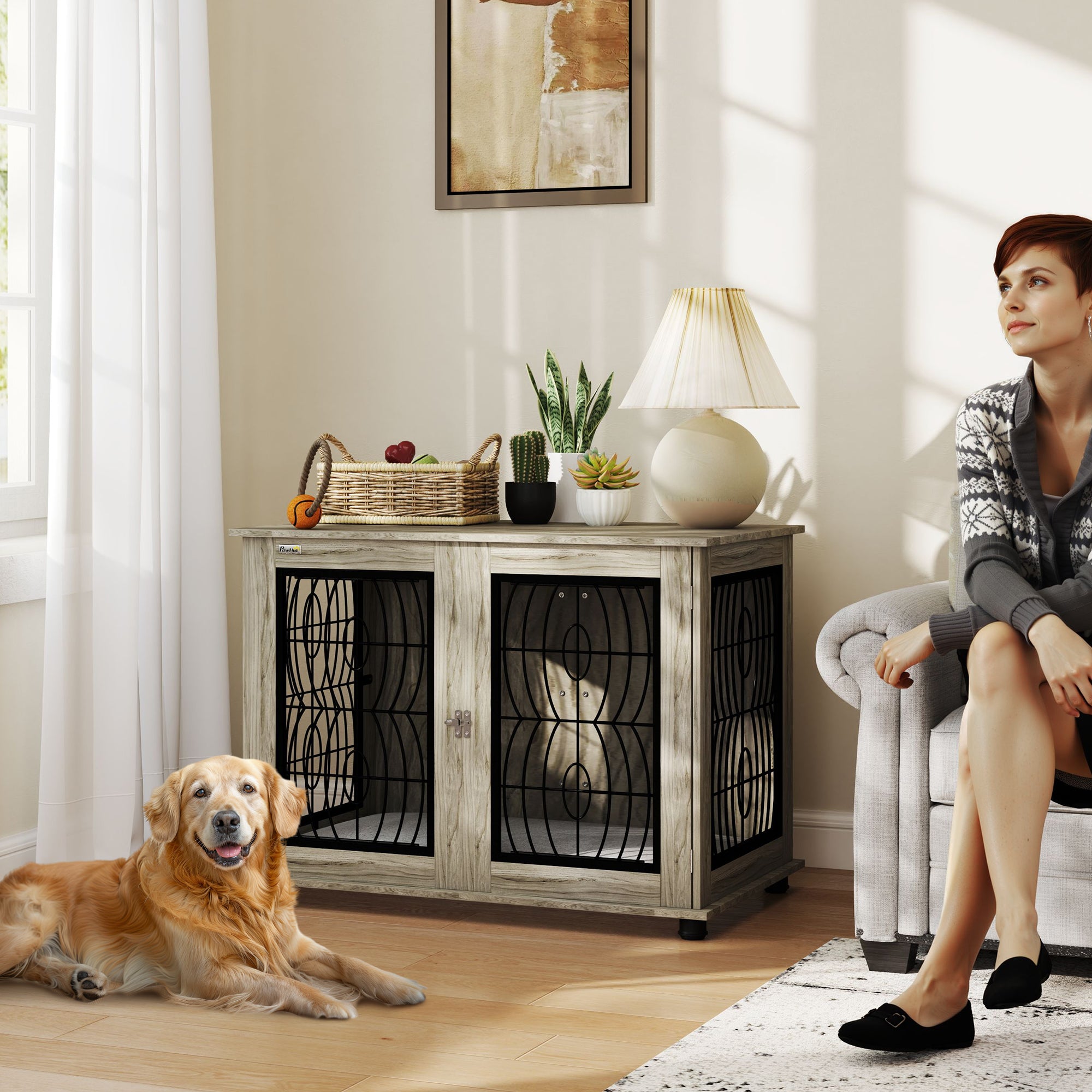 PawHut Indoor Dog Crate Furniture End Table with Soft Washable Cushion, Lockable Front Door, for Large Dogs - Grey - North Peak Garden Furniture