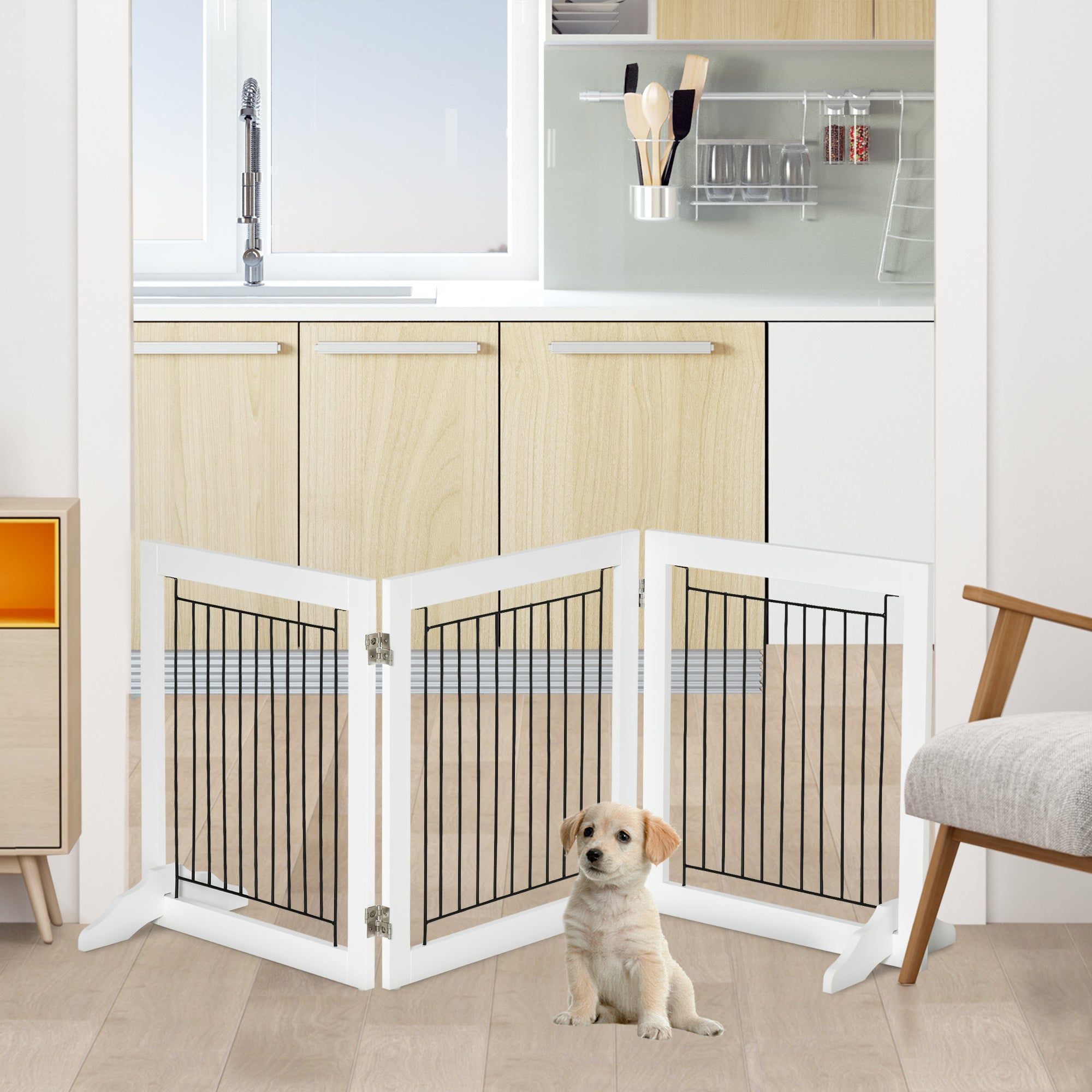 PawHut Foldable Pet Gate, with Three Panels & Two Support Feet - White - North Peak Garden Furniture