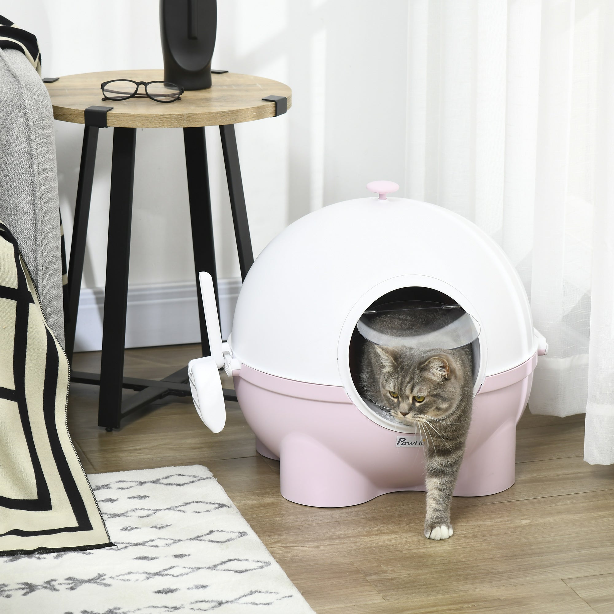 PawHut Large Cat Litter Box, with Scoop, Front Entrance, 53 x 51 x 48cm - Pink - North Peak Garden Furniture