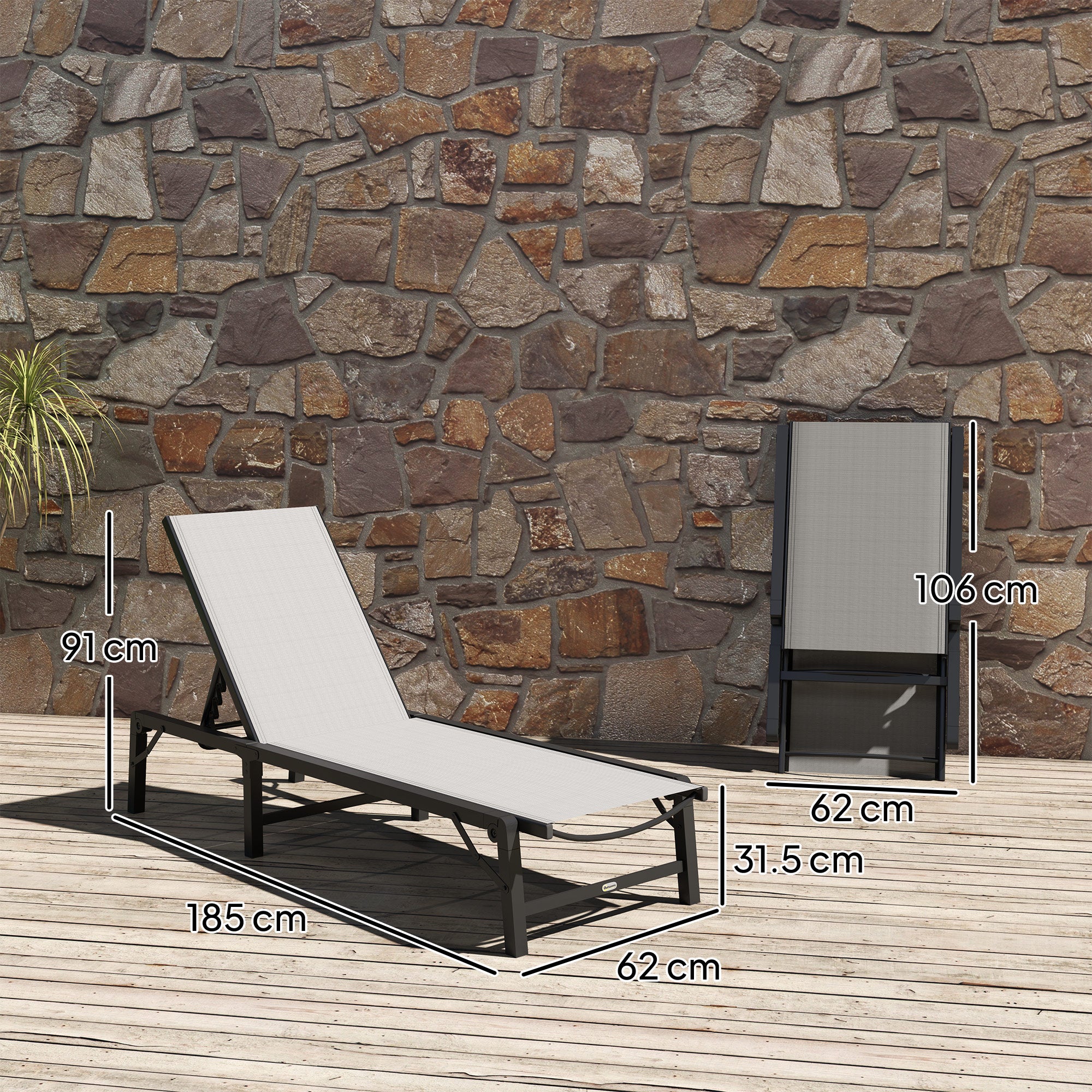 Outsunny Folding Sun Lounger, 5-Position Adjustable Garden Chaise Lounge Sunbed, Steel Frame Reclining Chair for Beach, Porch, Patio, Camping, Light Grey - North Peak Garden Furniture