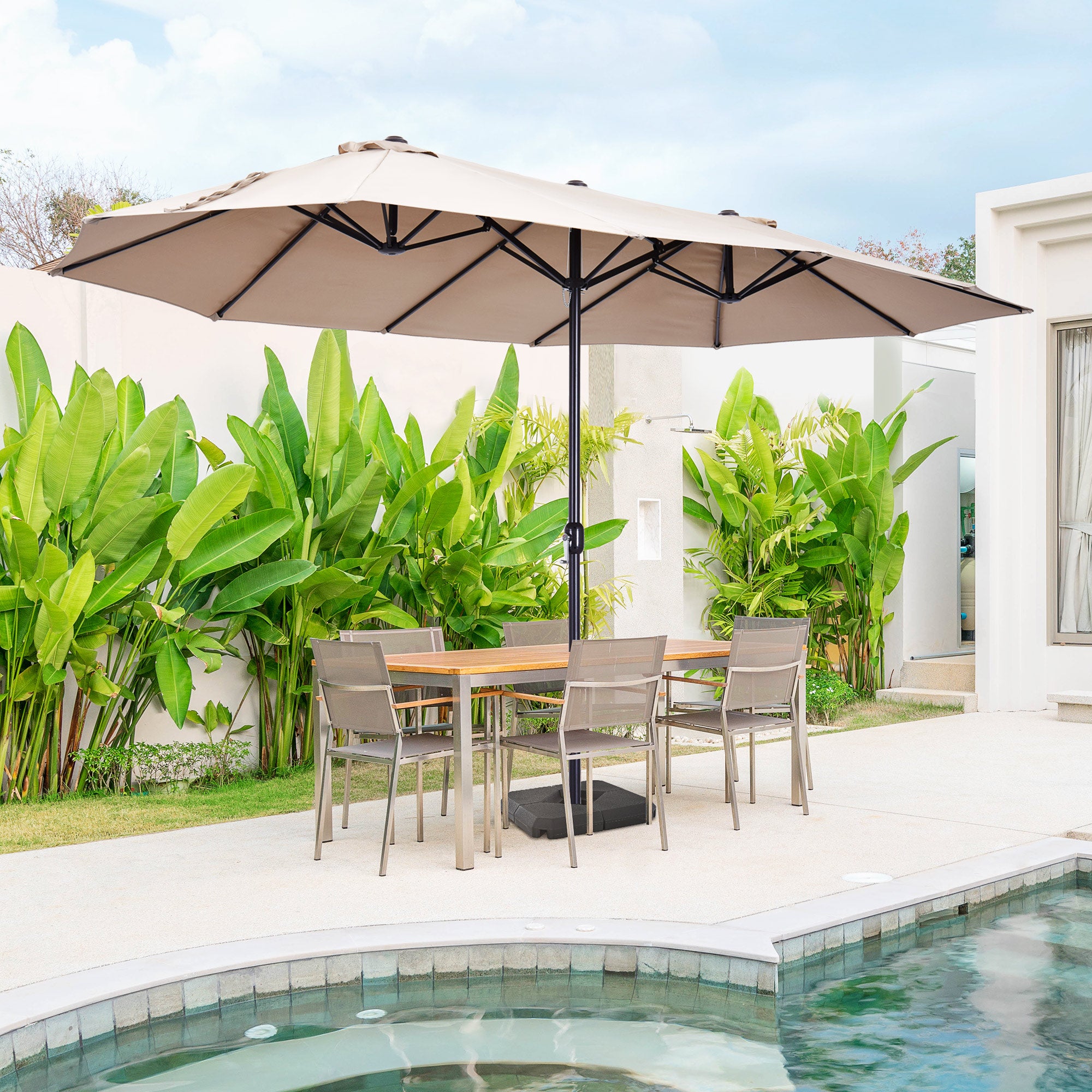 Outsunny 4.6m Garden Parasol Double-Sided Sun Umbrella Patio Market Shelter Canopy Shade with Weight Base, Tan - North Peak Garden Furniture